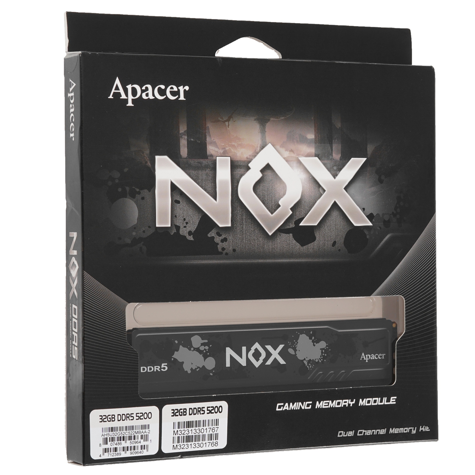 Оперативная память Apacer Nox, DDR5, 32Gb (2x16Gb), 5200MHz, CL40, DIMM, радиатор, серый/черный