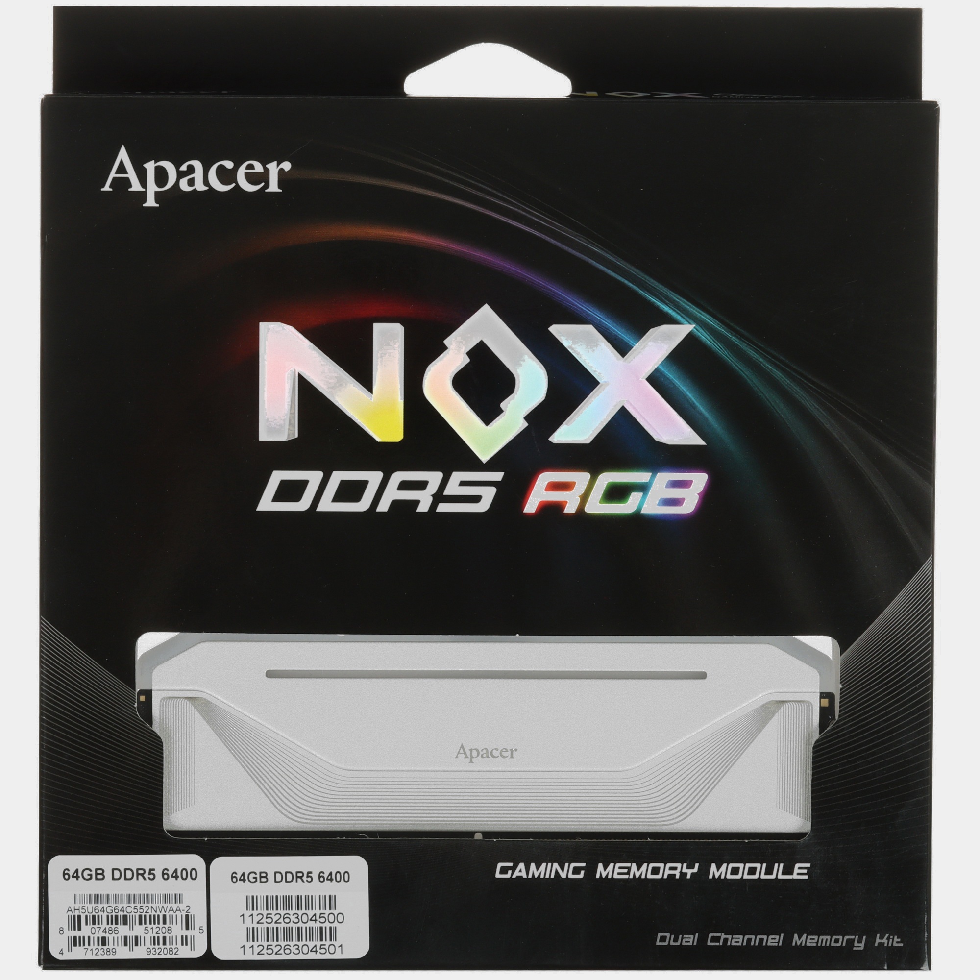Оперативная память Apacer Nox, DDR5, 64GB (2x32GB), 6400MHz, CL32, DIMM, с радиаторами, RGB, белый