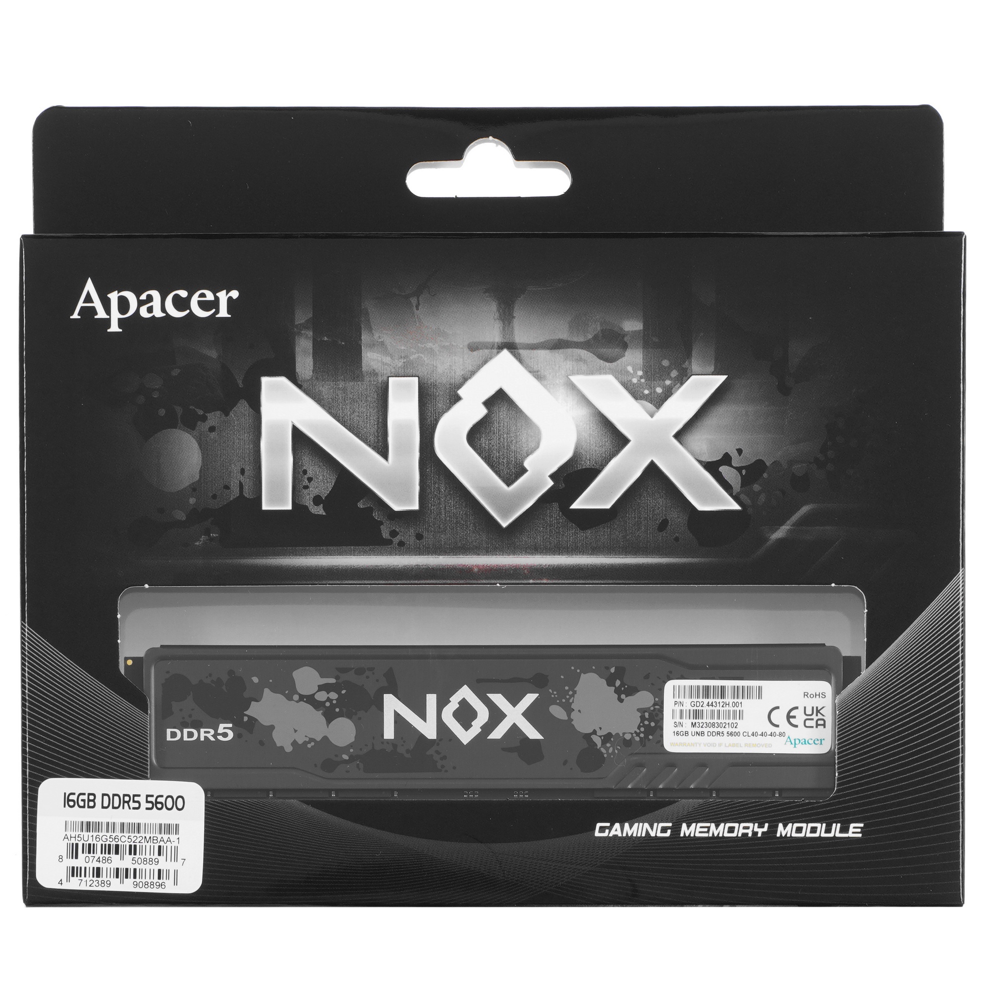 Оперативная память Apacer Nox, DDR5, 16GB (1x16 GB), 5600 MHz, CL40, радиатор, серый, черный