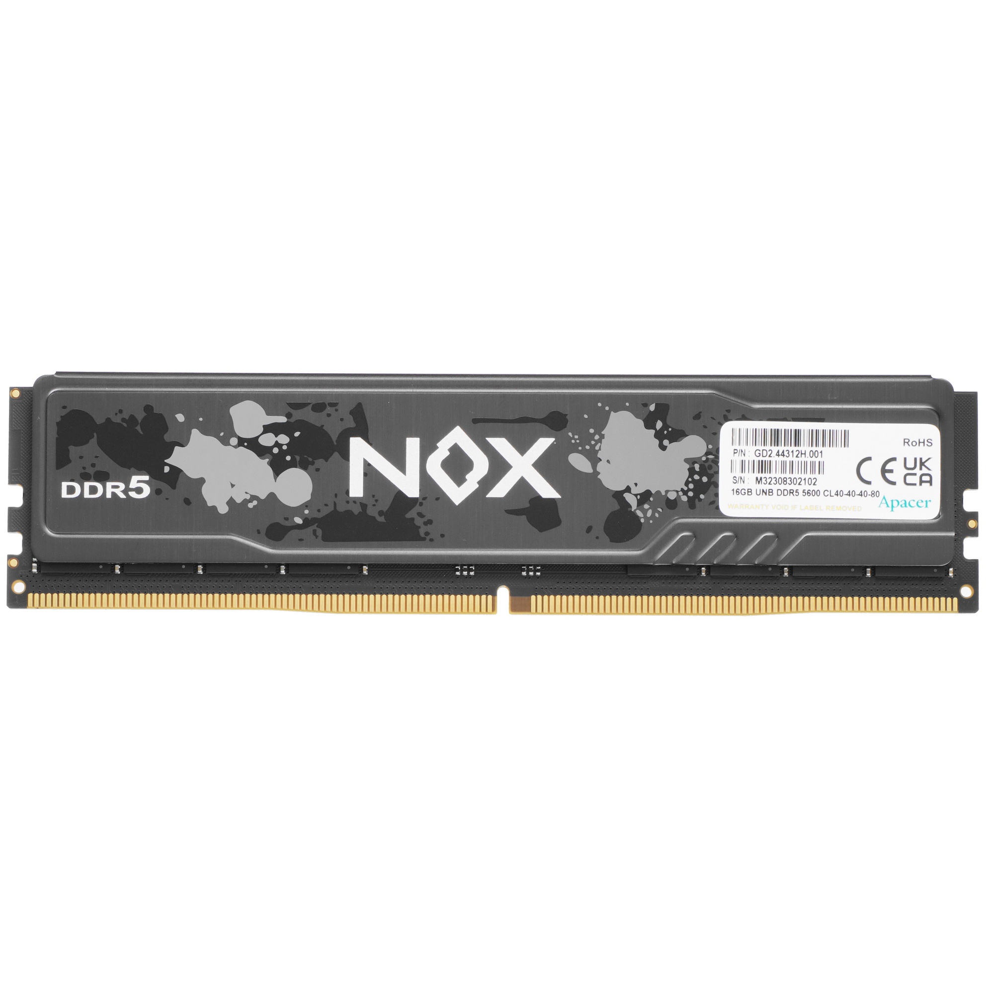 Оперативная память Apacer Nox, DDR5, 16GB (1x16 GB), 5600 MHz, CL40, радиатор, серый, черный