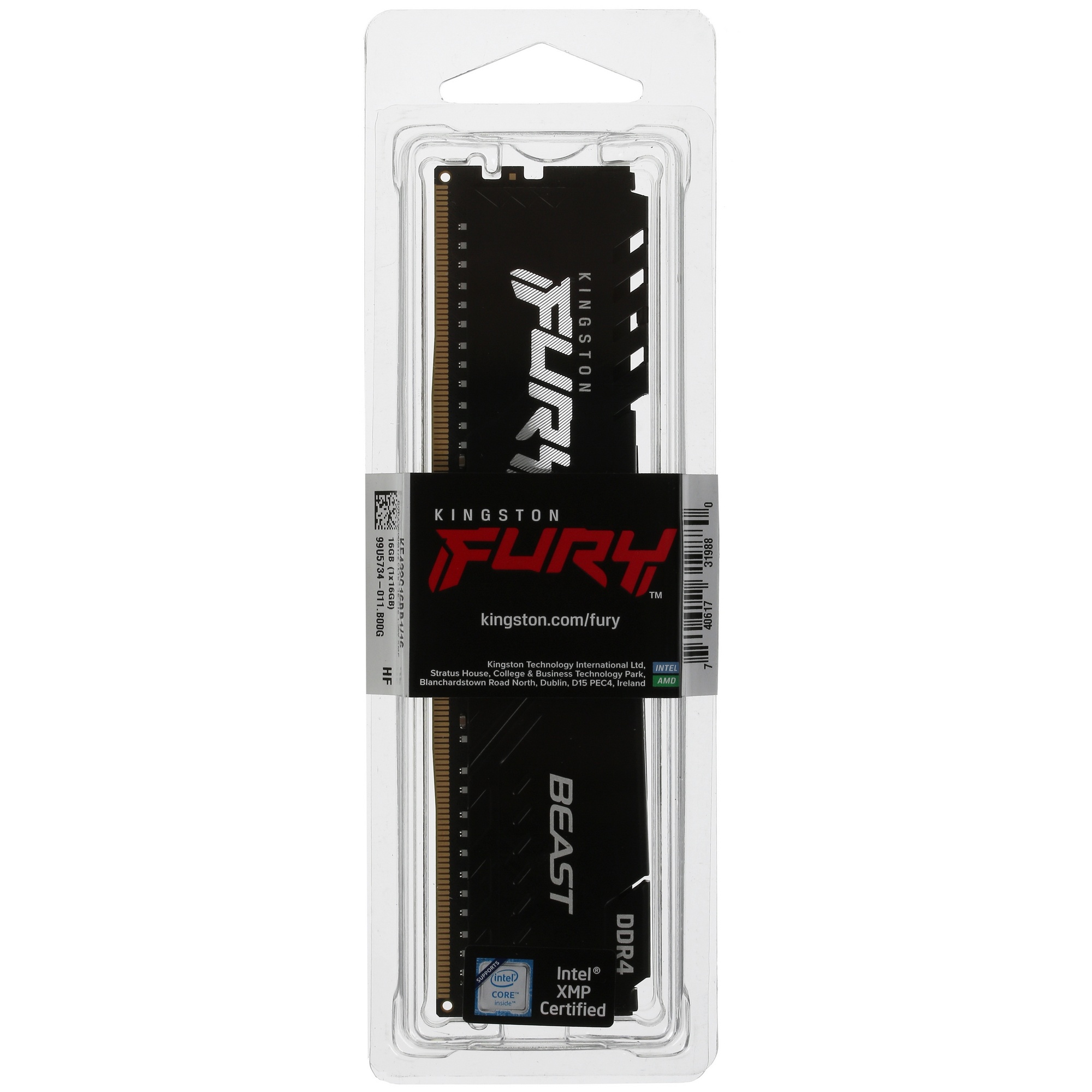 Оперативная память Kingston Fury Beast, DDR4, 16GB (1x16GB), 3200MHz, CL16, с радиатором, чёрный
