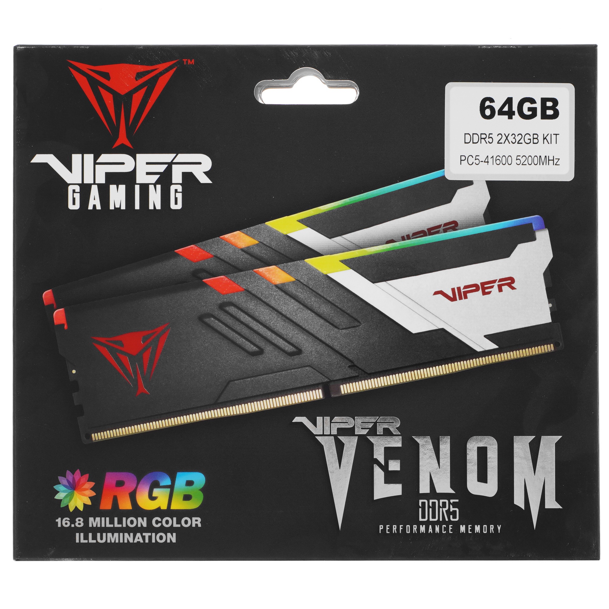 Оперативная память Patriot Viper Venom, DDR5, 64GB (2x32GB), 5200MHz, CL40, с радиаторами, RGB, черн