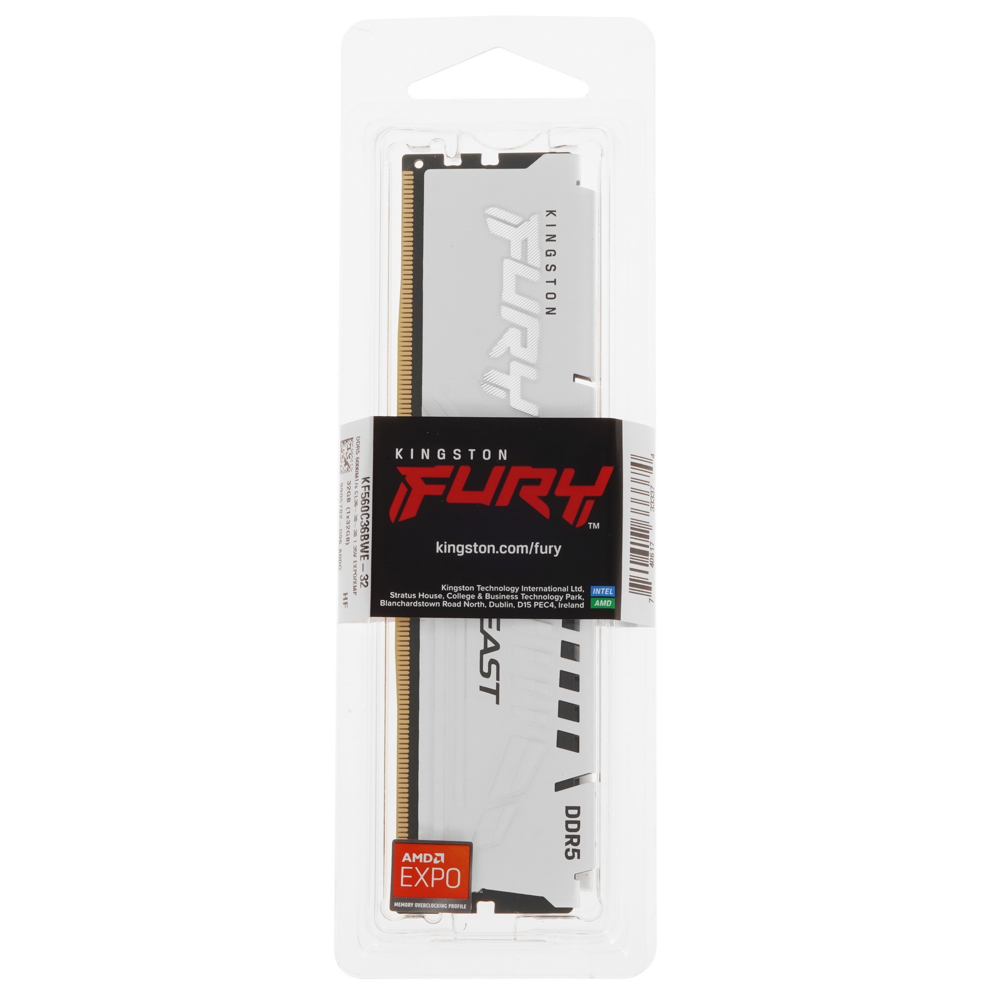 Оперативная память Kingston Fury Beast, DDR5, 32GB (1x32GB), 6000MHz, CL36, с радиатором, белый
