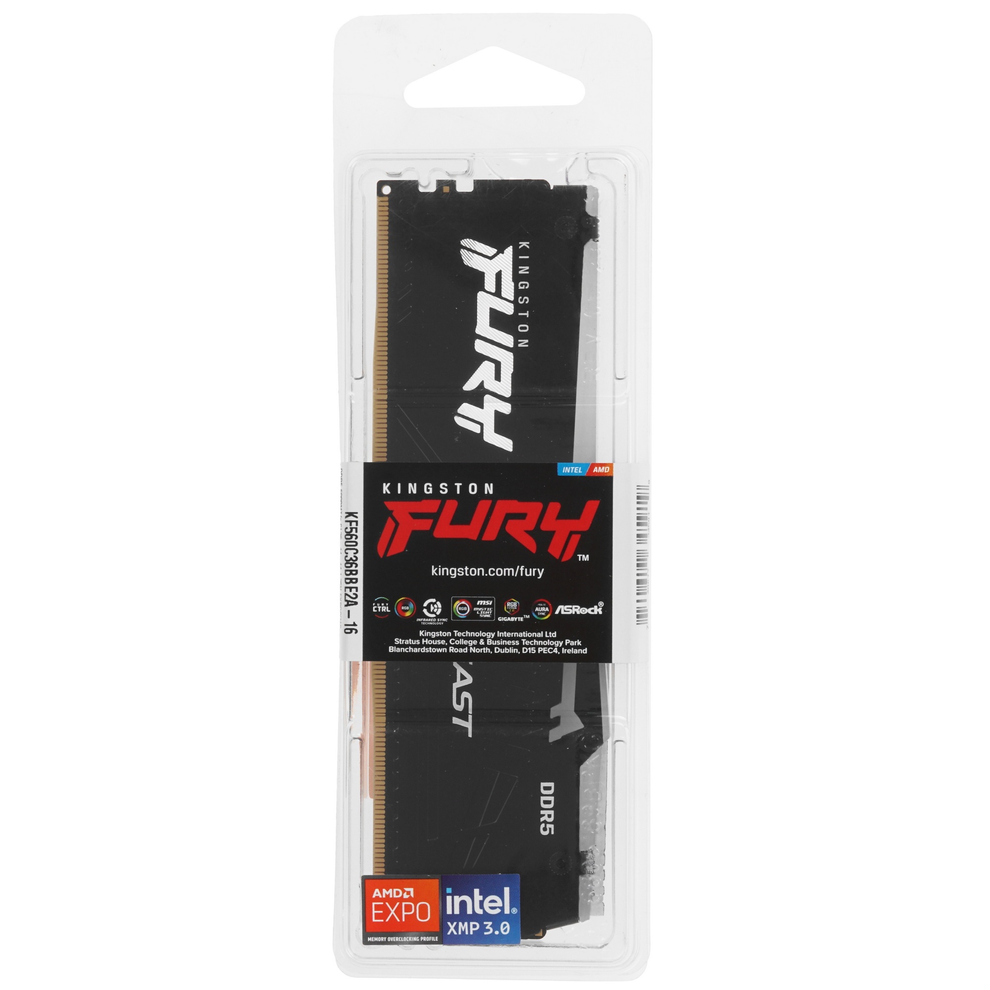 Оперативная память Kingston Fury Beast, DDR5, 16GB (1x16GB), 6000MHz, CL36, с радиатором, RGB, чёрны