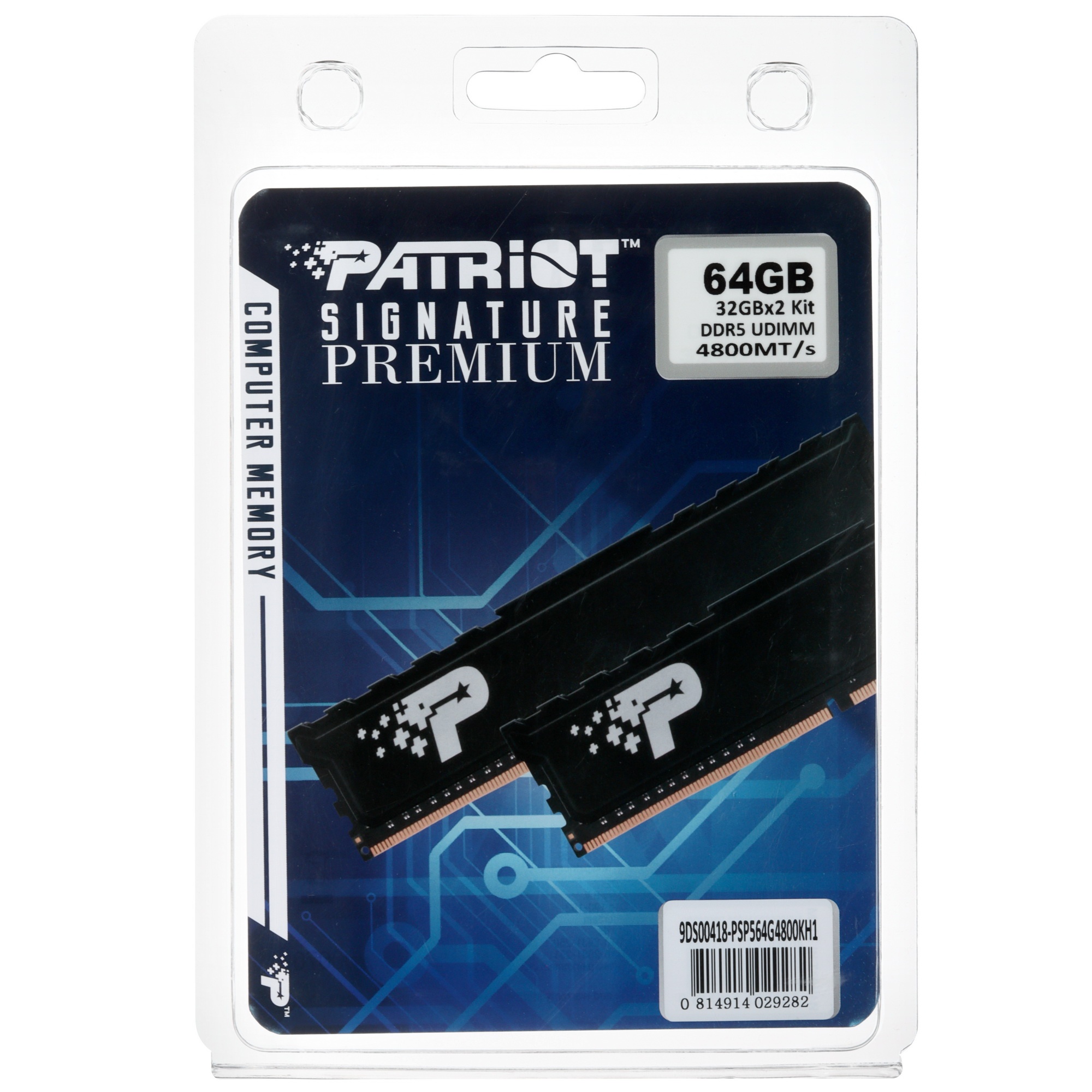Оперативная память Patriot Signature Premium, DDR5, 64GB (2x32 GB), 4800 MHz, CL40, радиатор, черный
