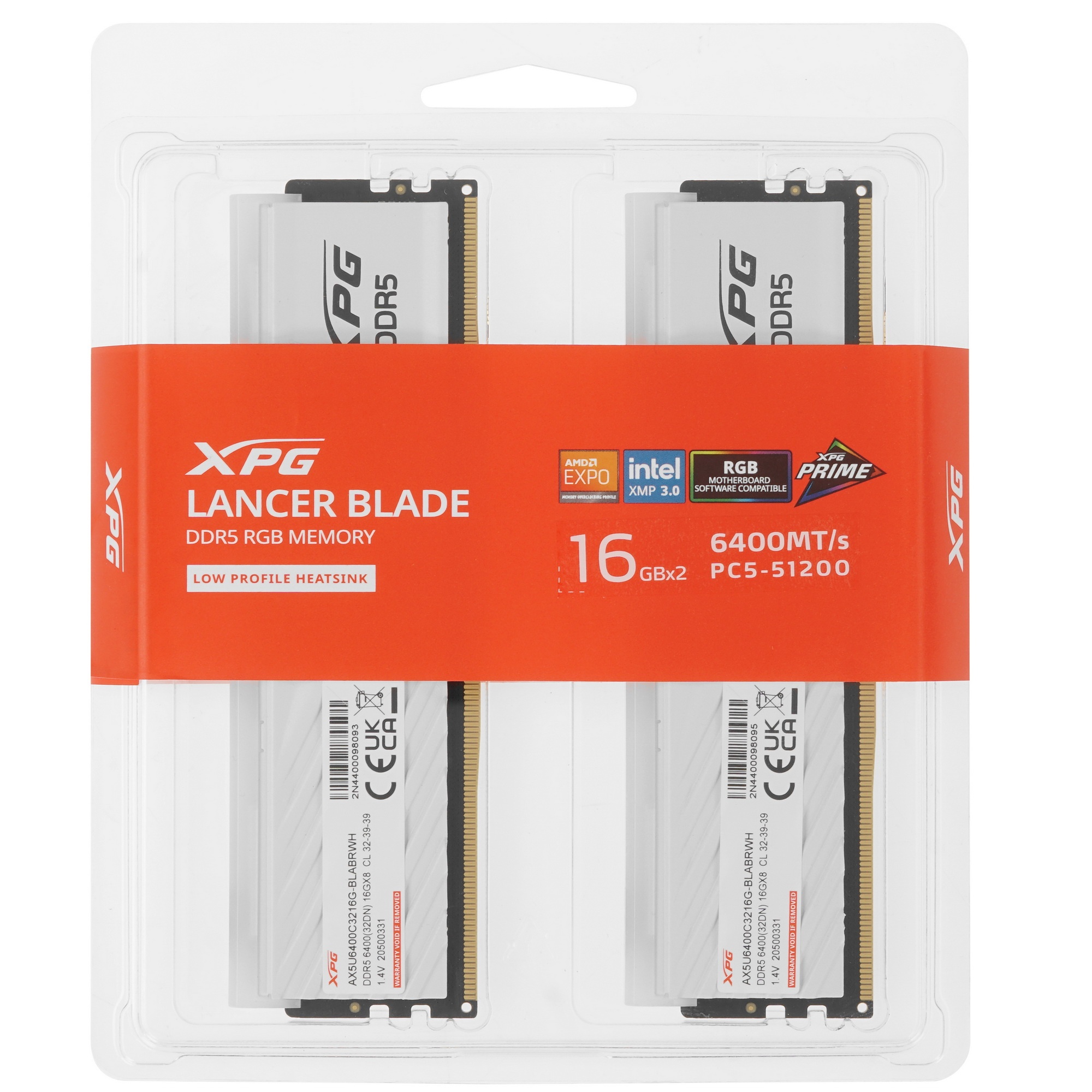 Оперативная память XPG Lancer Blade, DDR5, 32GB (2x16GB), 6400MHz, CL32, с радиаторами, RGB, белый