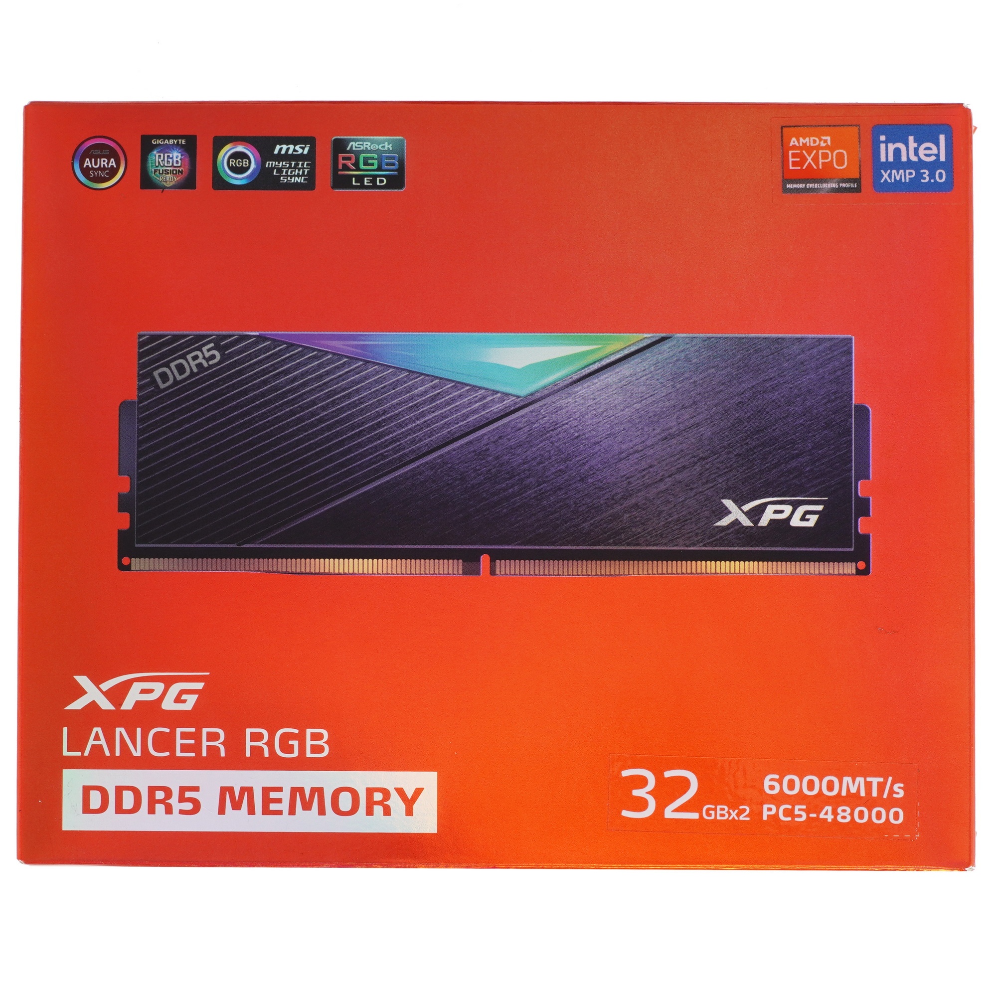 Оперативная память XPG Lancer RGB, DDR5, 64GB (2x32GB), 6000MHz, CL30, с радиаторами, RGB, черный