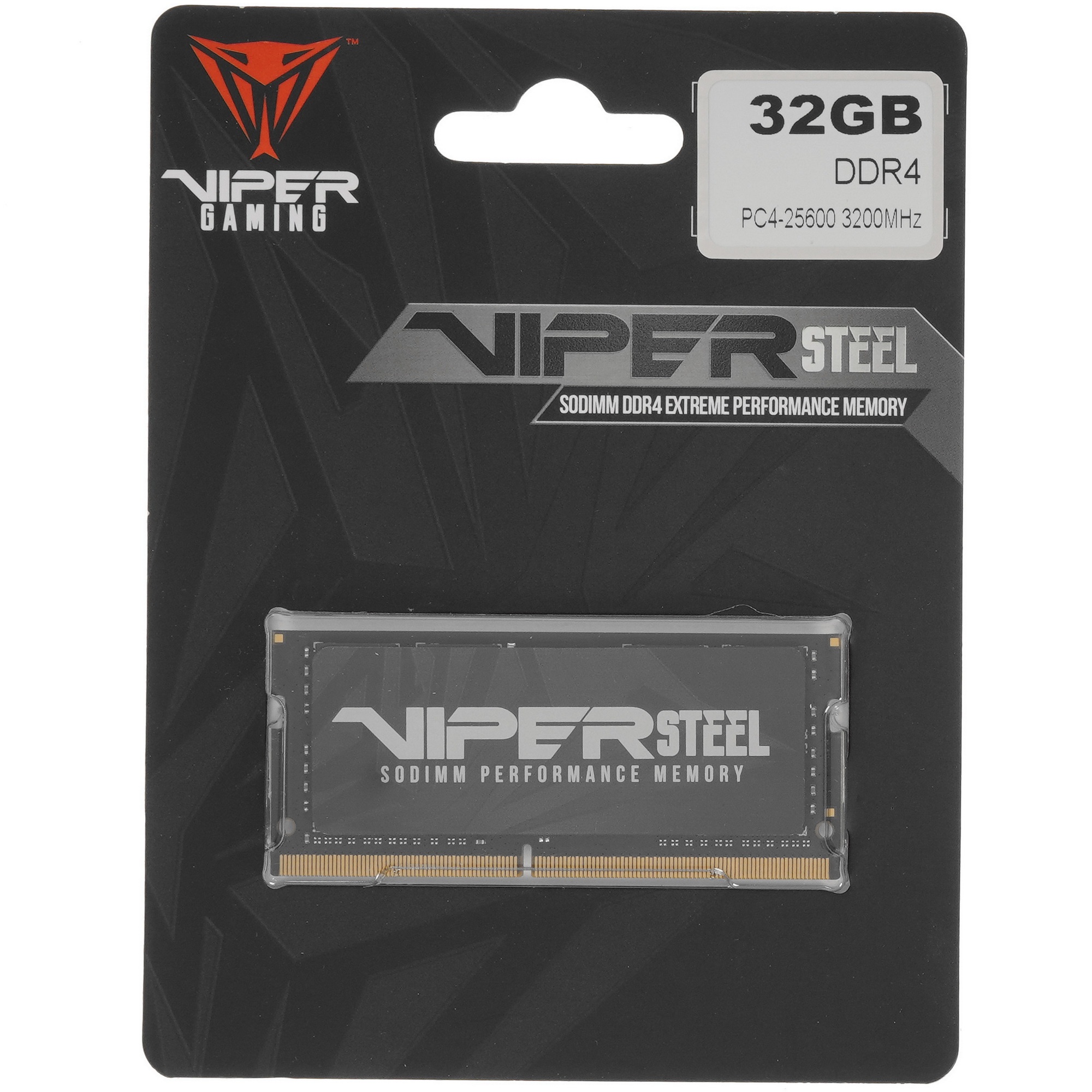 Оперативная память Patriot Steel Series, DDR4, 32GB (1x32 GB), 3200 MHz, CL22, радиатор, чёрный, SO-