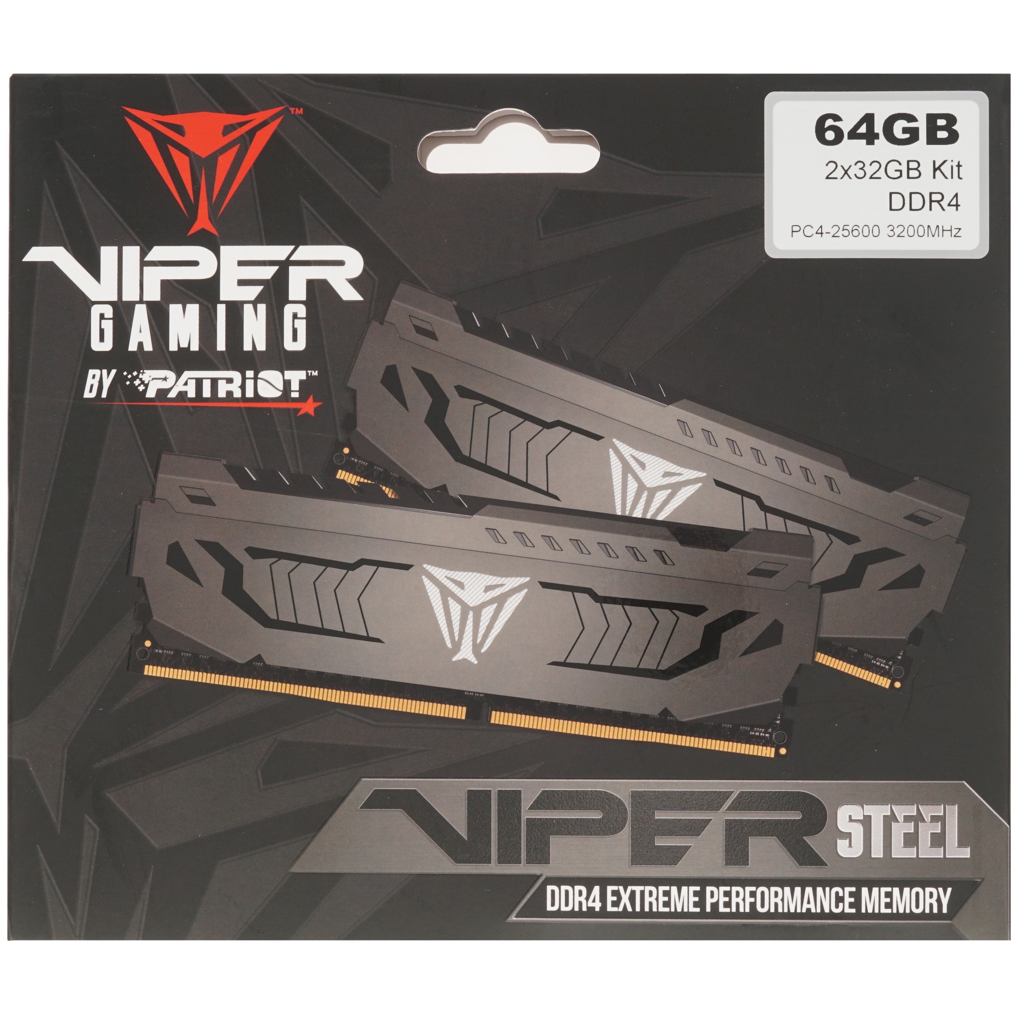 Оперативная память Patriot Viper Steel, DDR4, 64GB (2x32GB), 3200MHz, CL16, радиатор, черный