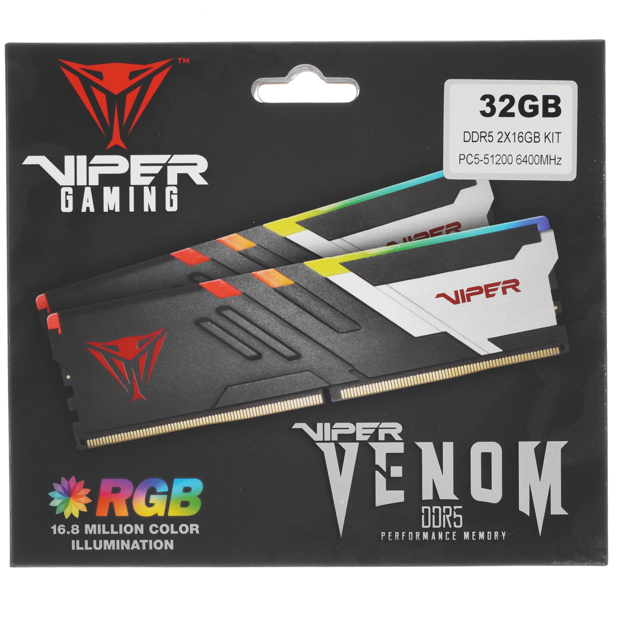 Оперативная память Patriot Viper Venom, DDR5, 32GB (2x16GB), 6400MHz, CL32, с радиаторами, RGB, черн