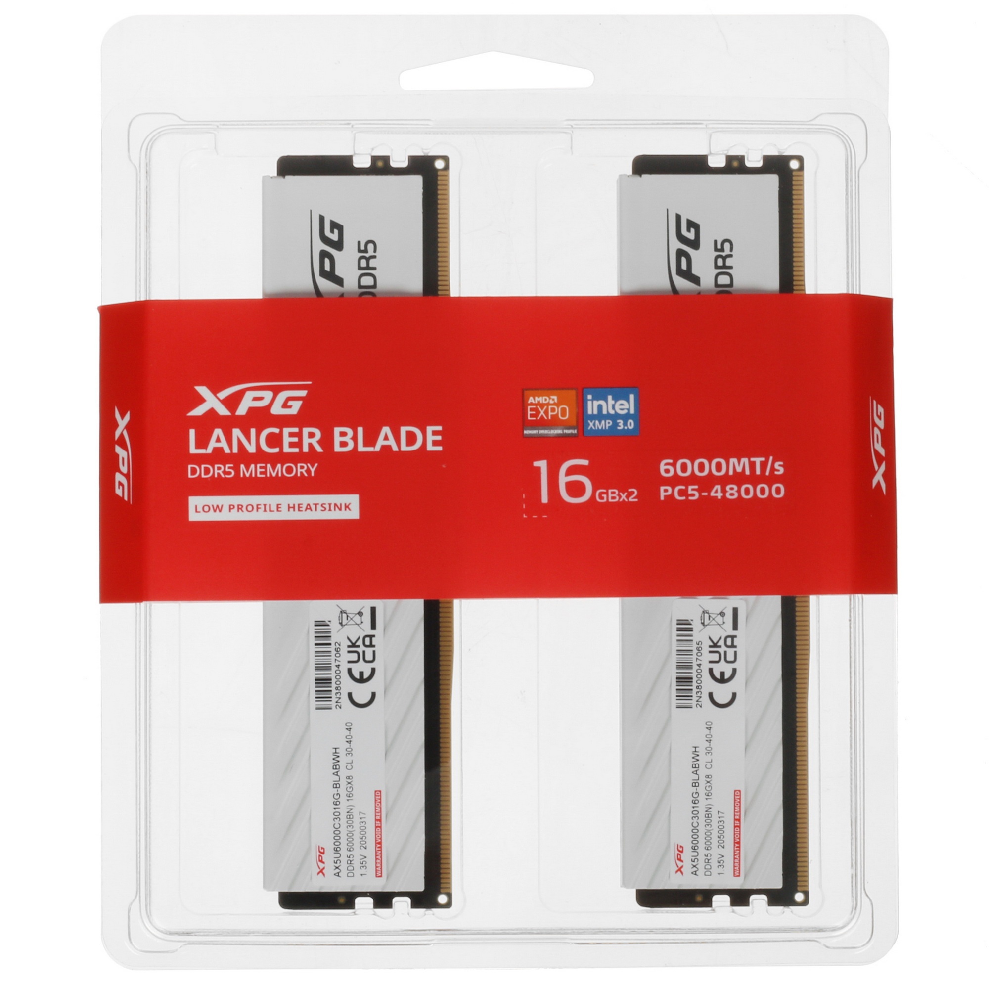 Оперативная память XPG Lancer Blade, DDR5, 32GB (2x16GB), 6000MHz, CL30, с радиаторами, белый