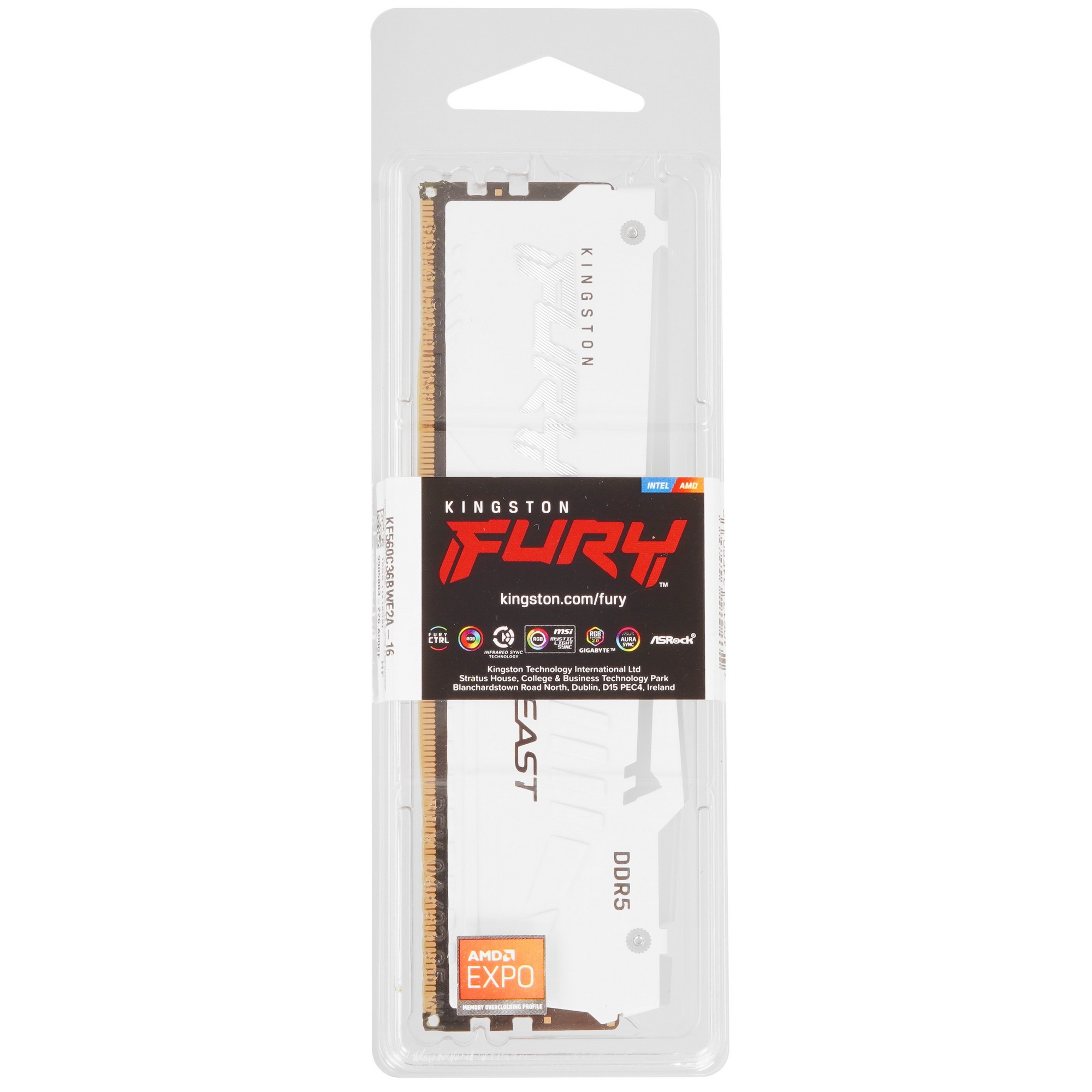 Оперативная память Kingston Fury Beast, DDR5, 16GB (1x16GB), 6000MHz, CL36, с радиатором, RGB, белый