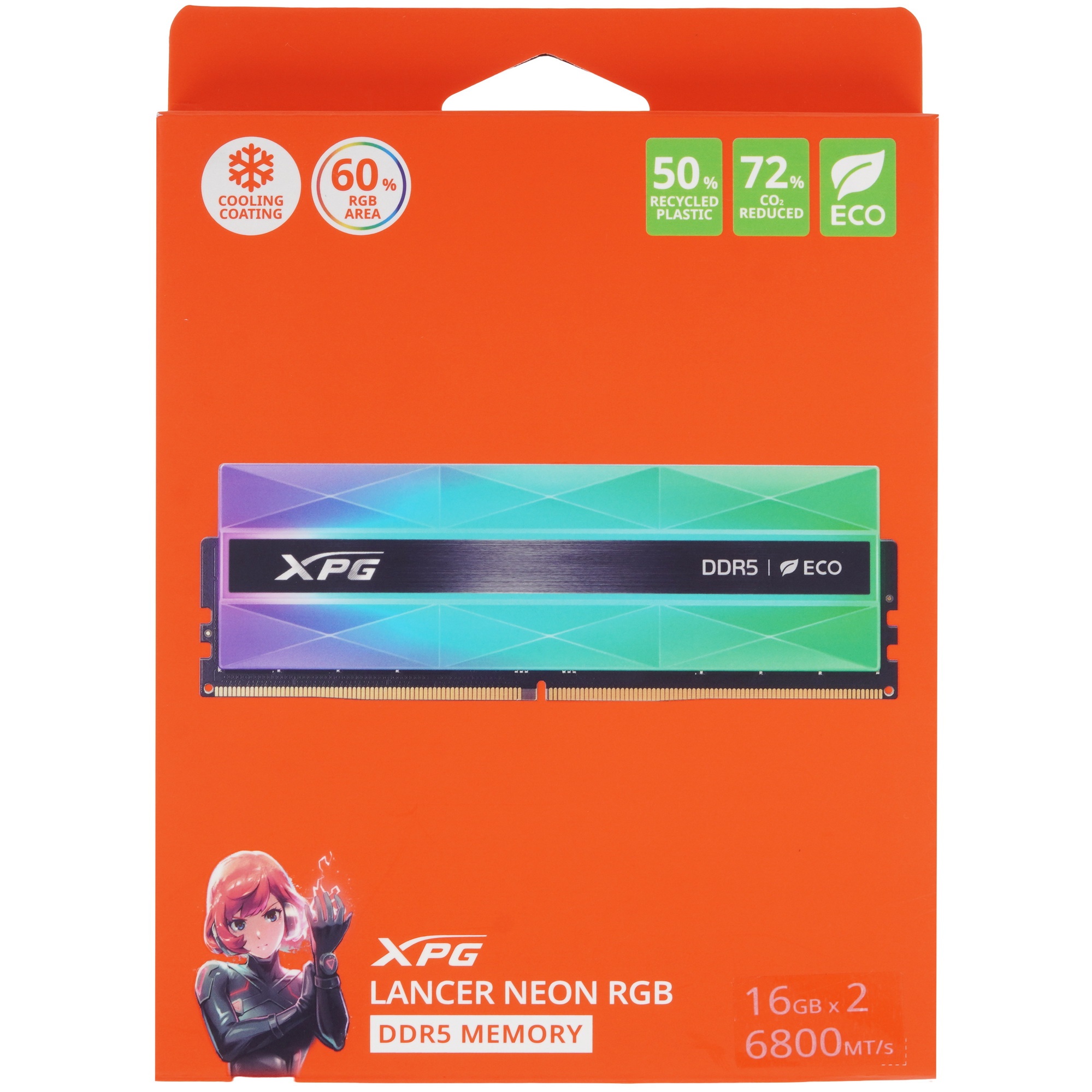Оперативная память XPG Lancer NEON, DDR5, 32GB (2x16GB), 6800MHz, CL34, с радиаторами, RGB, серый