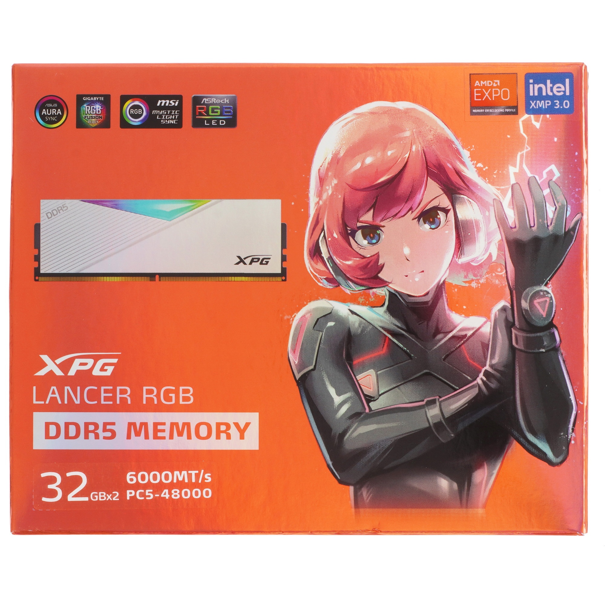 Оперативная память XPG Lancer, DDR5, 64GB (2x32GB), 6000MHz, CL30, с радиаторами, RGB, белый