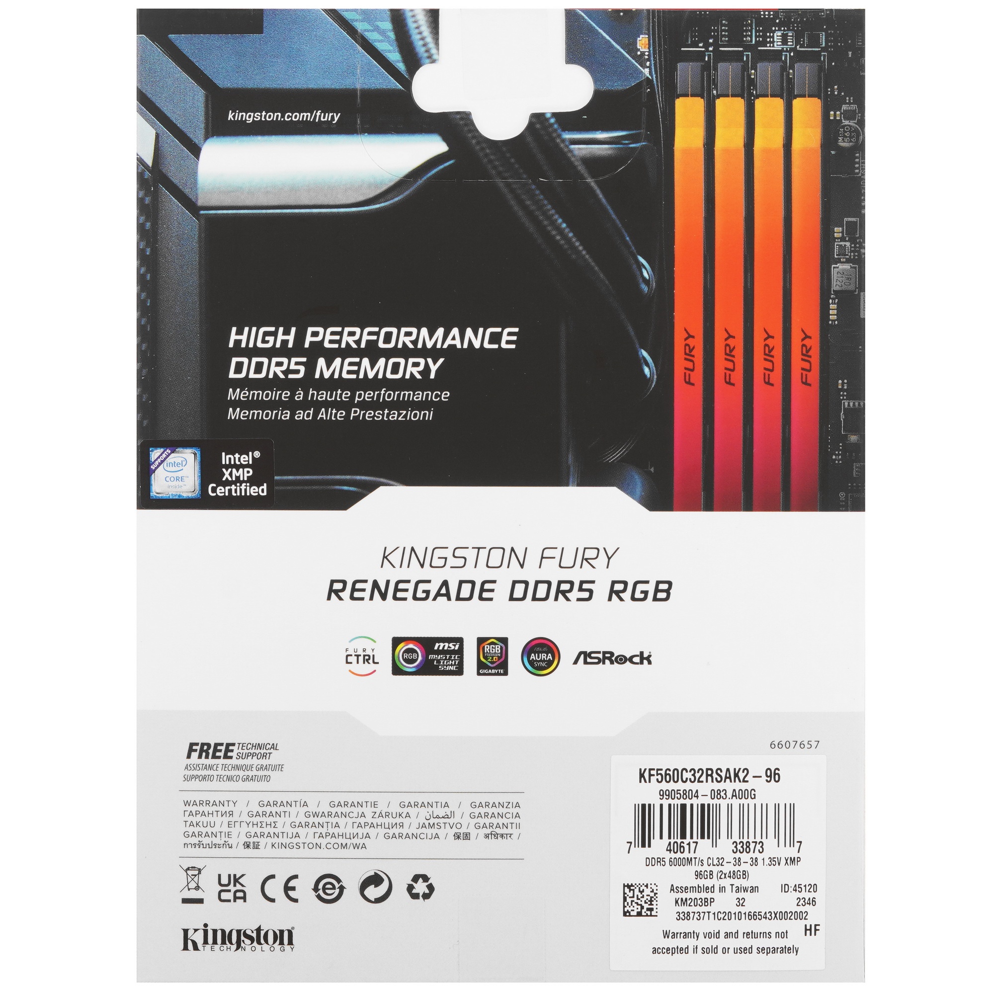 Оперативная память Kingston Fury Renegade, DDR5, 96GB (2x48GB), 6000MHz, CL32, с радиаторами, cеребр
