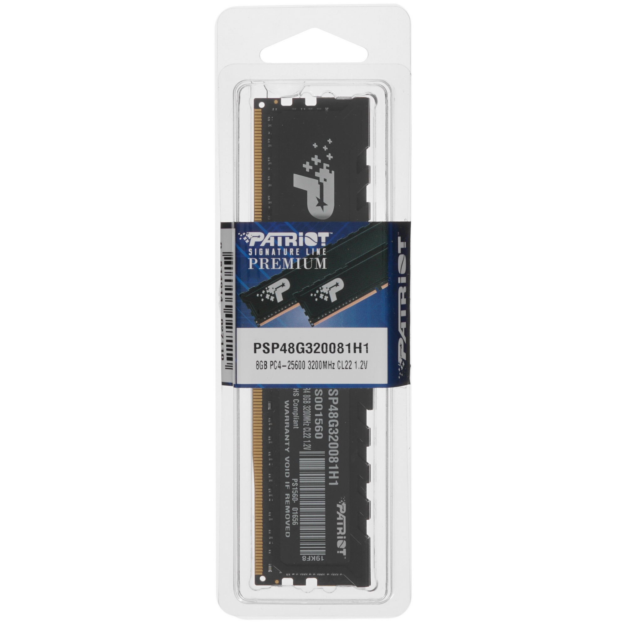 Оперативная память Patriot Signature, DDR4, 8GB (1x8 GB), 3200 MHz, CL22, DIMM, радиатор, черный
