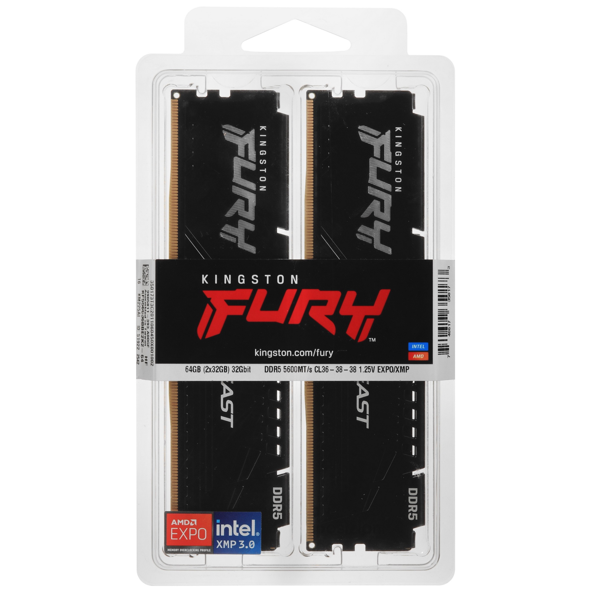 Память оперативная Kingston 64GB 5600MT/s DDR5 CL36 DIMM (Kit of 2) FURY Beast Black