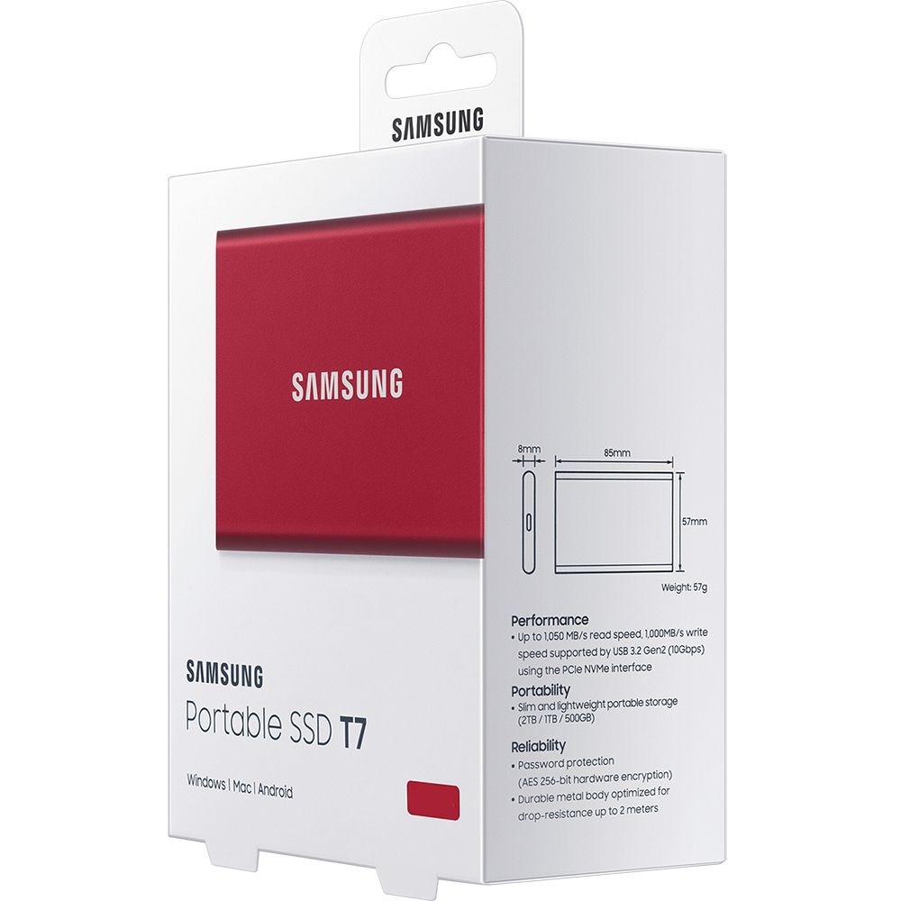 Твердотельный накопитель Samsung SSD 2TB T7, USB Type-C, R/W 1000/1050MB/s, красный