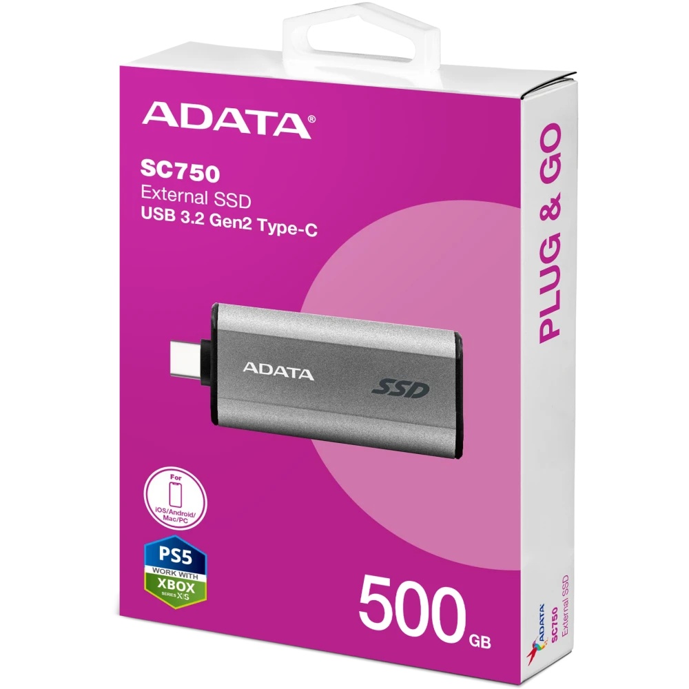Твердотельный диск A-DATA External SC750 серый SC750-500G-CCBK 500GB USB 3.2 Gen 2 Type-C, [R/W -105