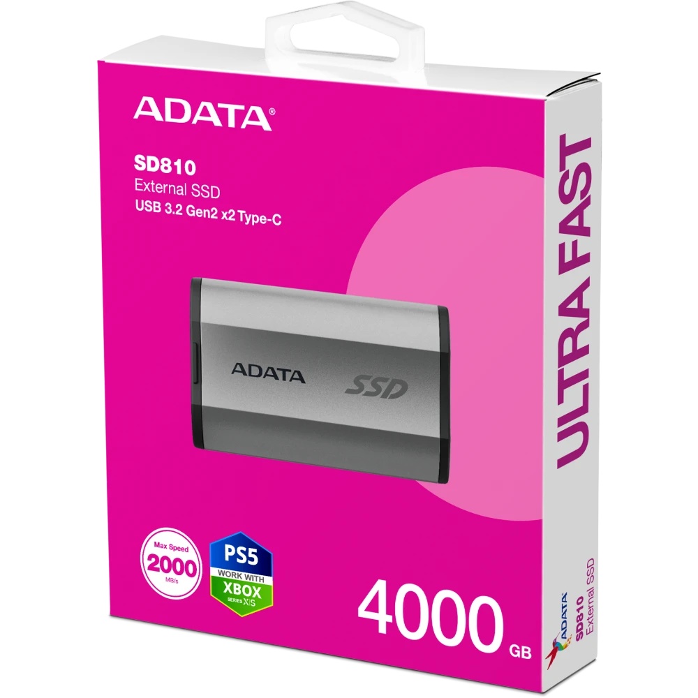 Внешний накопитель SSD 4TB A-DATA SD810, External, USB 3.2 Type-C, [R/W -2000/2000 MB/s] серый