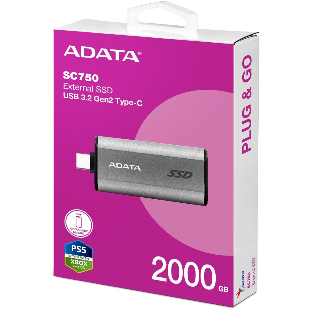 Твердотельный диск A-DATA External SC750 серый SC750-2000G-CCBK 2TB USB 3.2 Gen 2 Type-C, [R/W -1050