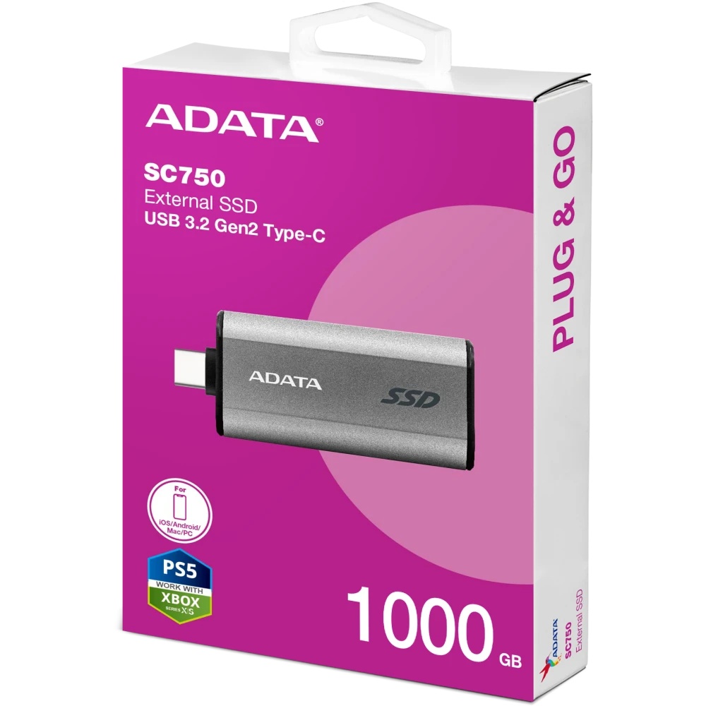 Твердотельный диск A-DATA External SC750 серый SC750-1000G-CCBK 1TB USB 3.2 Gen 2 Type-C, [R/W -1050
