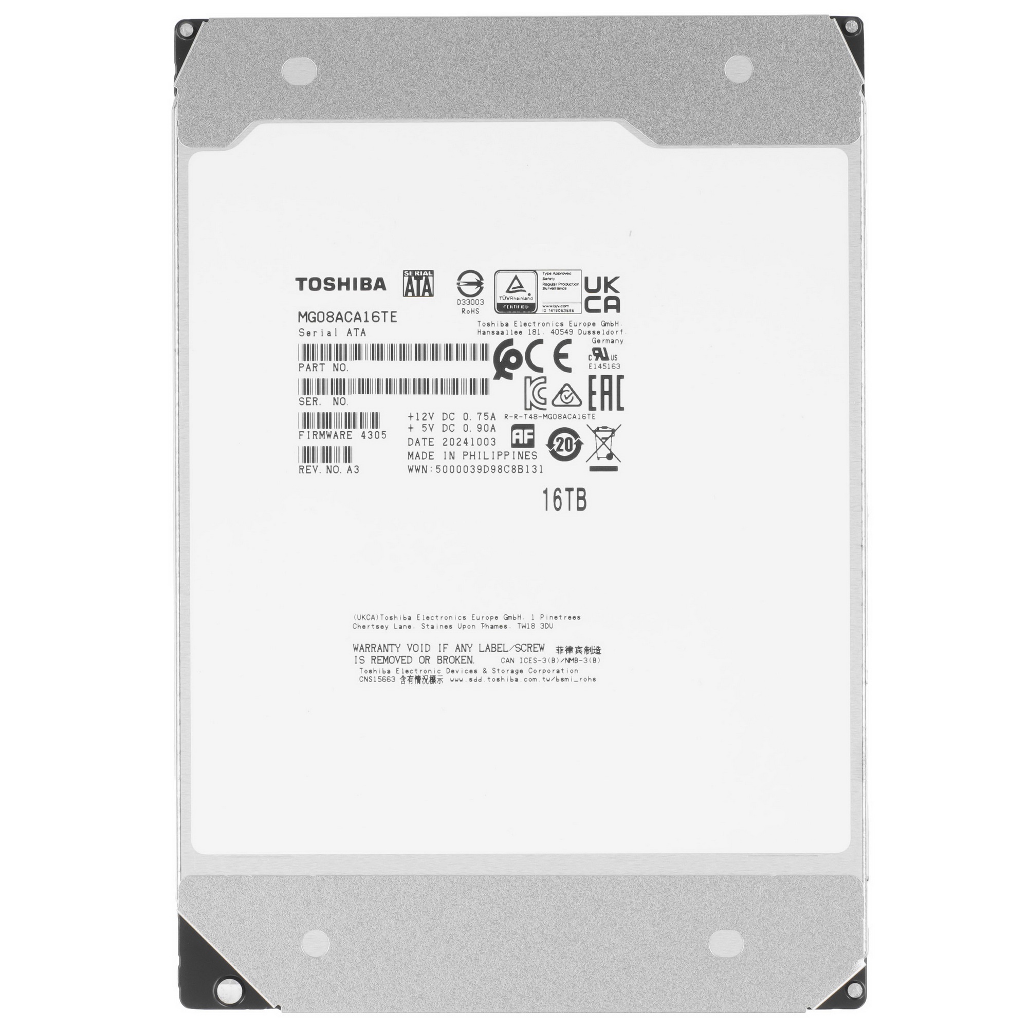 Жесткий диск Toshiba HDD  SATA 16Tb 3.5" Server 7200 6Gbit/s 512Mb