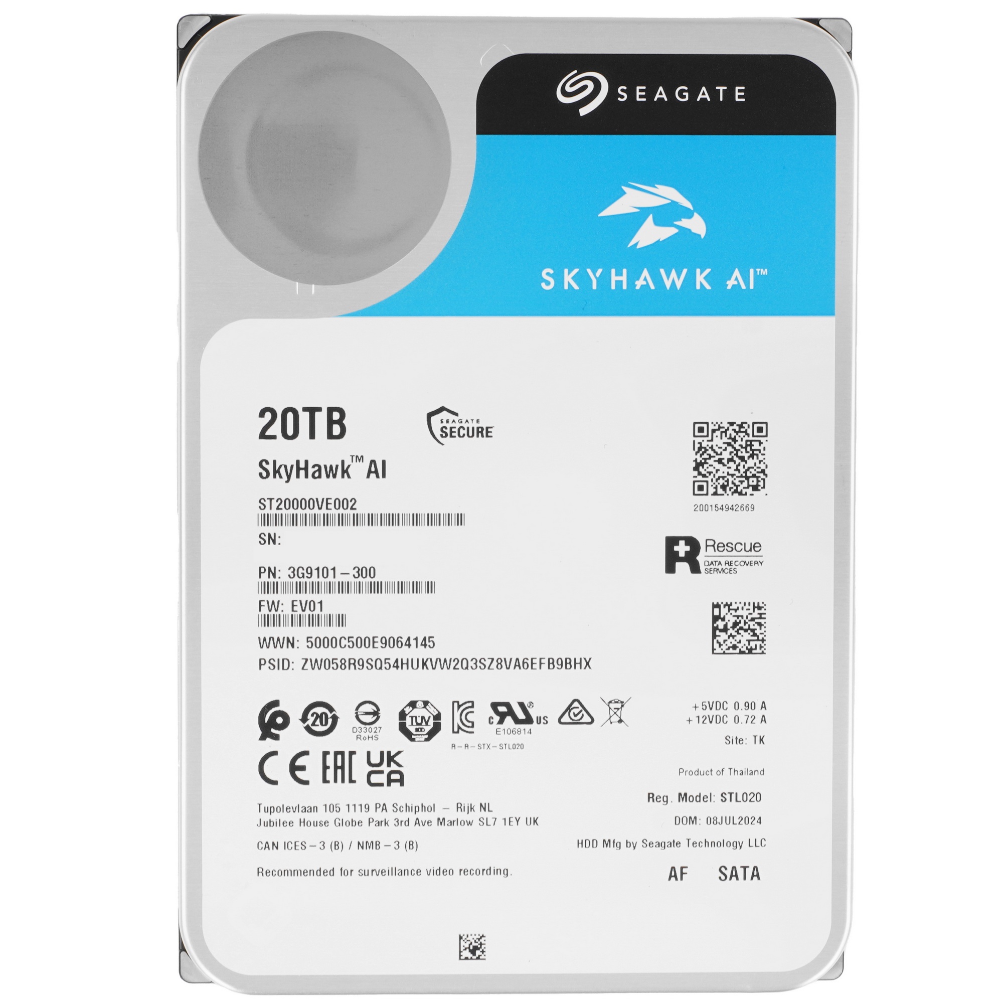 Жесткий диск Seagate SkyHawk AI ST20000VE002 20TB, 3.5", 7200 RPM, SATA-III, 512e, 256MB, для систем