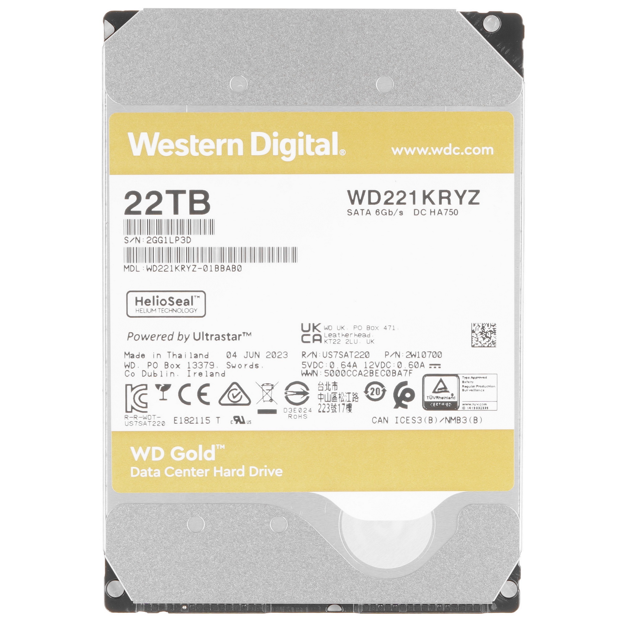 Жесткий диск Western Digital GOLD WD221KRYZ 22TB 3.5" 7200 RPM 512MB 512e SATA-III