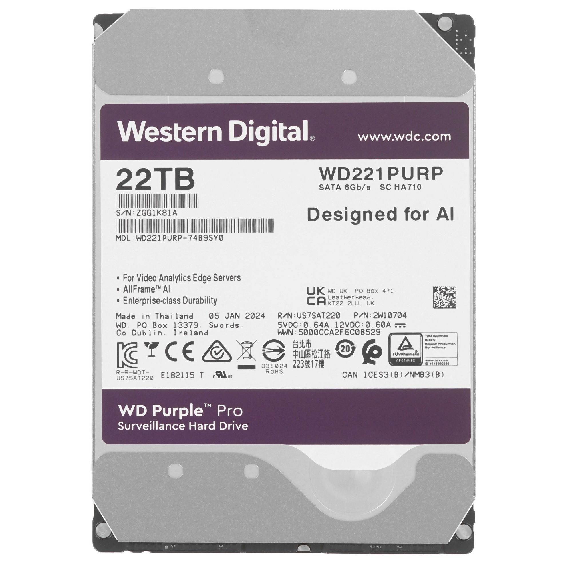 Жесткий диск Western Digital Purple PRO WD221PURP 22TB 3.5" 7200 RPM 512MB SATA-III All Frame AI для