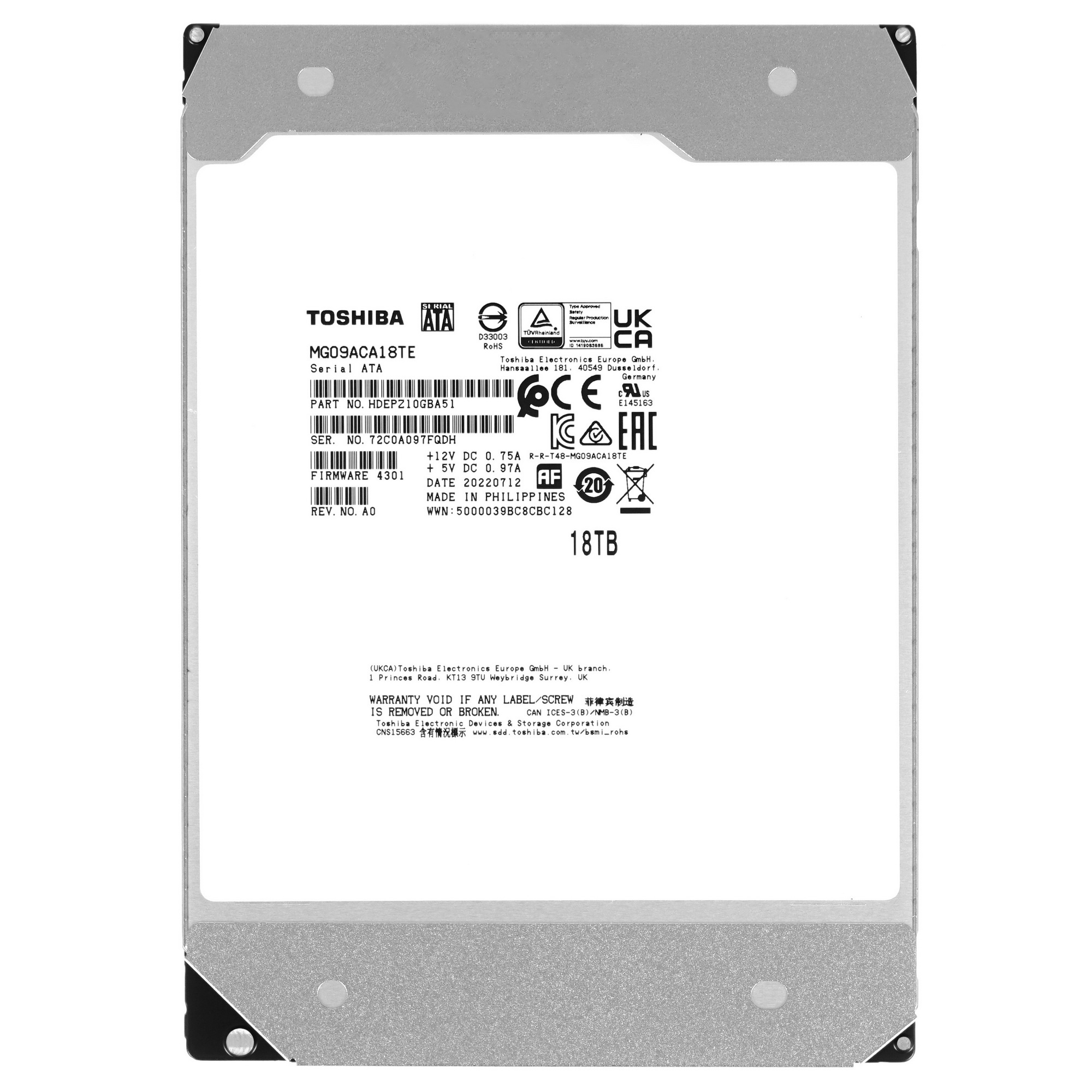 Жесткий диск Toshiba HDD  SATA 18Tb 3.5" Server 7200 6Gbit/s 512Mb