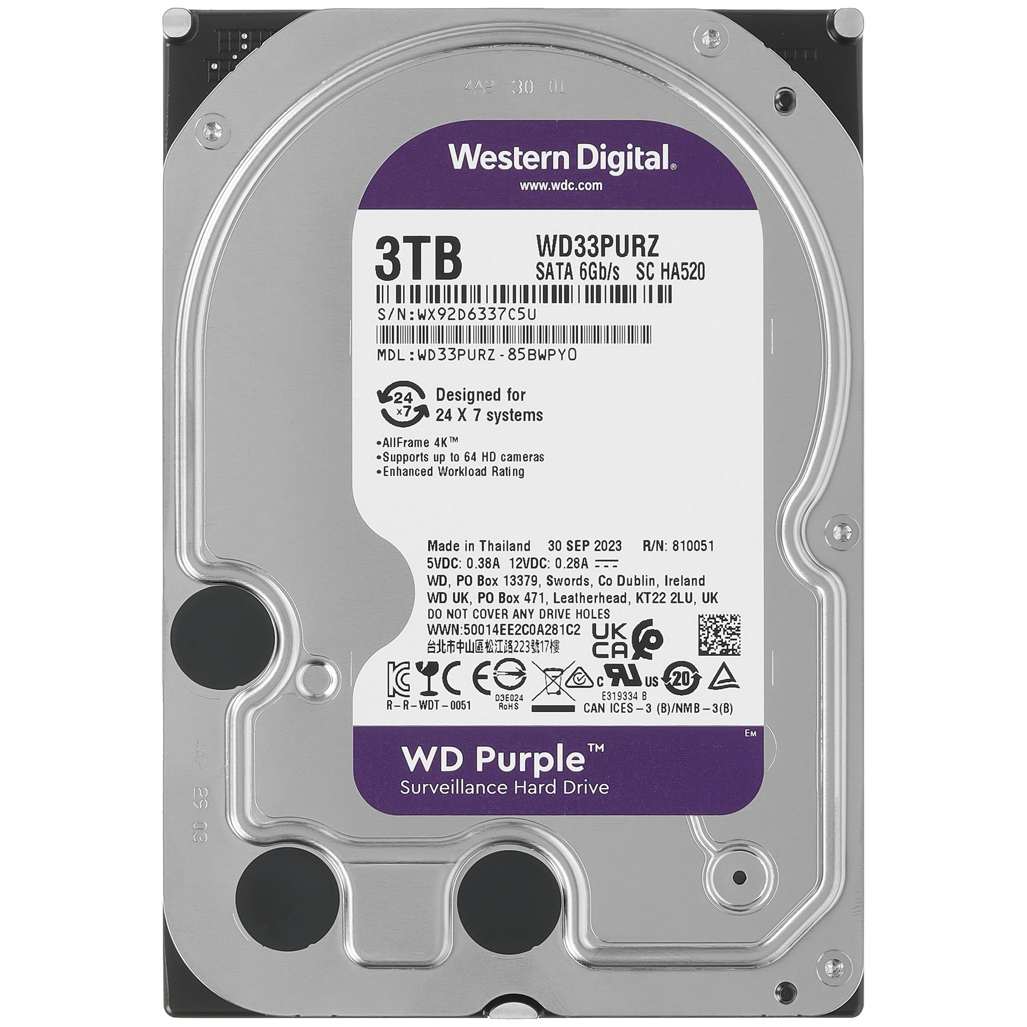 Жесткий диск Western Digital 3TB WD33PURZ SATA-III Surveillance Purple (5400rpm) 256Mb 3.5"