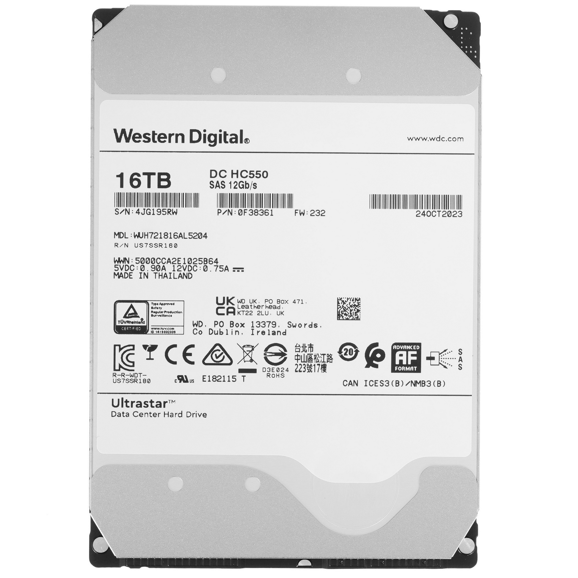 Жесткий диск Western Digital SAS 16TB 7200RPM 12GB/S 512MB DC HC550 0F38357 WD