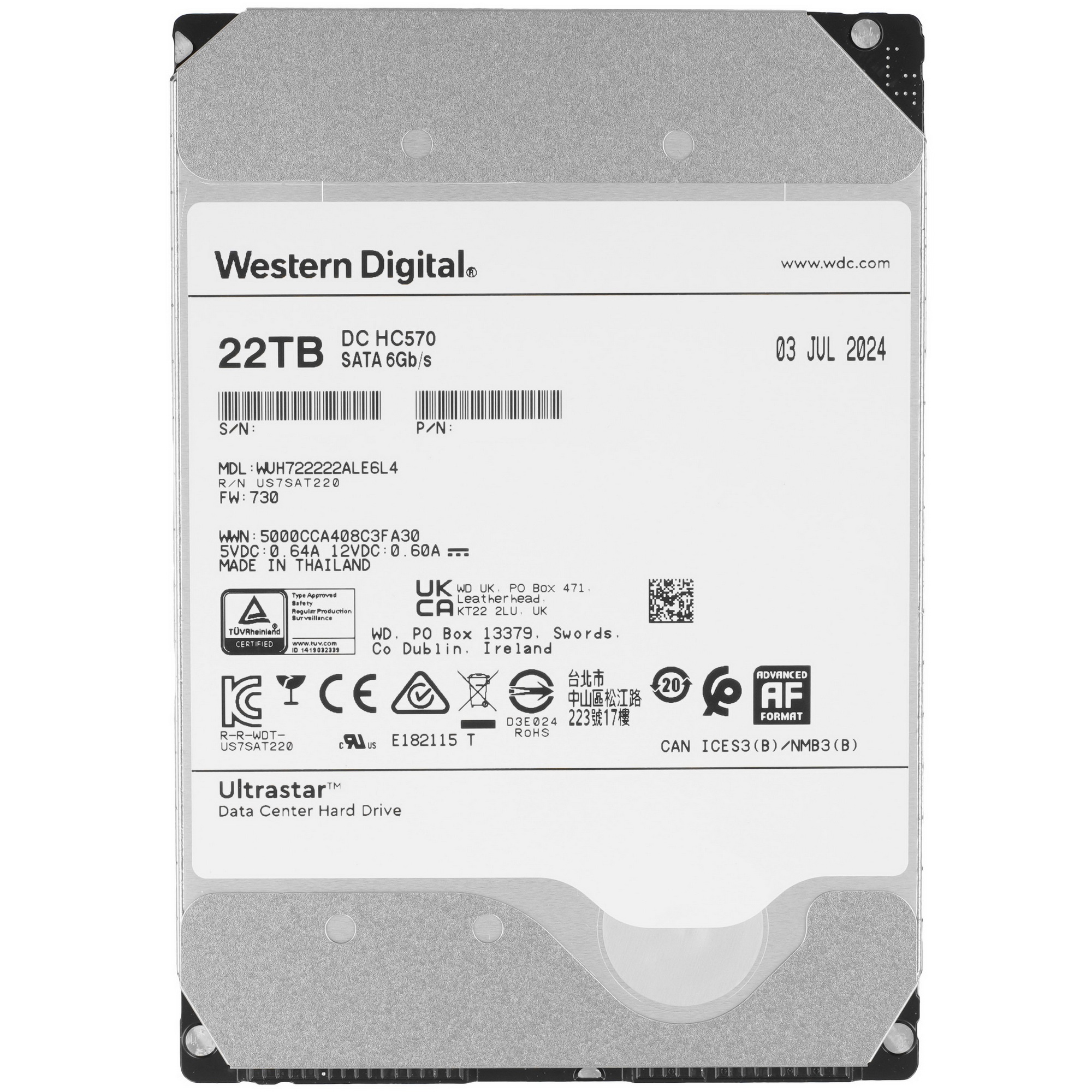 Жесткий диск Western Digital HDD  Server  Ultrastar DC HC570 WUH722222ALE6L4  22TB 7200rpm SATA-III