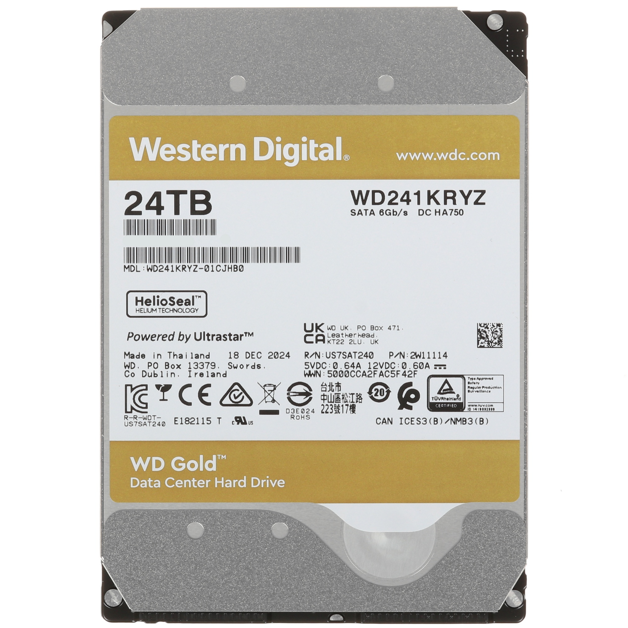 Жесткий диск Western Digital 3.5"; 24TB WD241KRYZ Gold SATA3, Cache 298MB, 7200 rpm