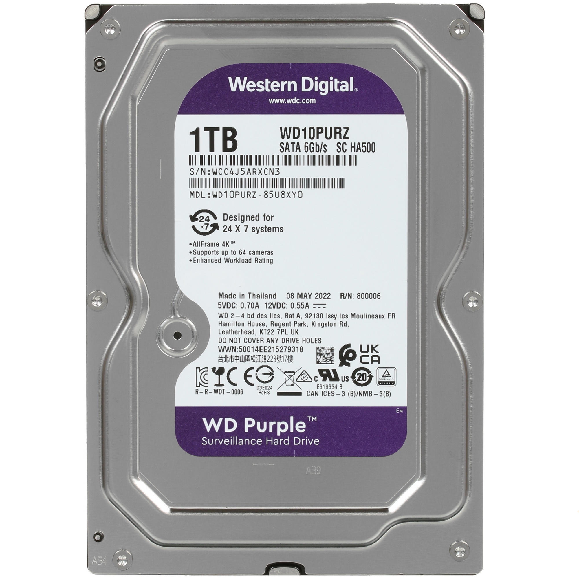 Жесткий диск Western Digital 1Tb WD10PURZ Purple, SATA III  3.5