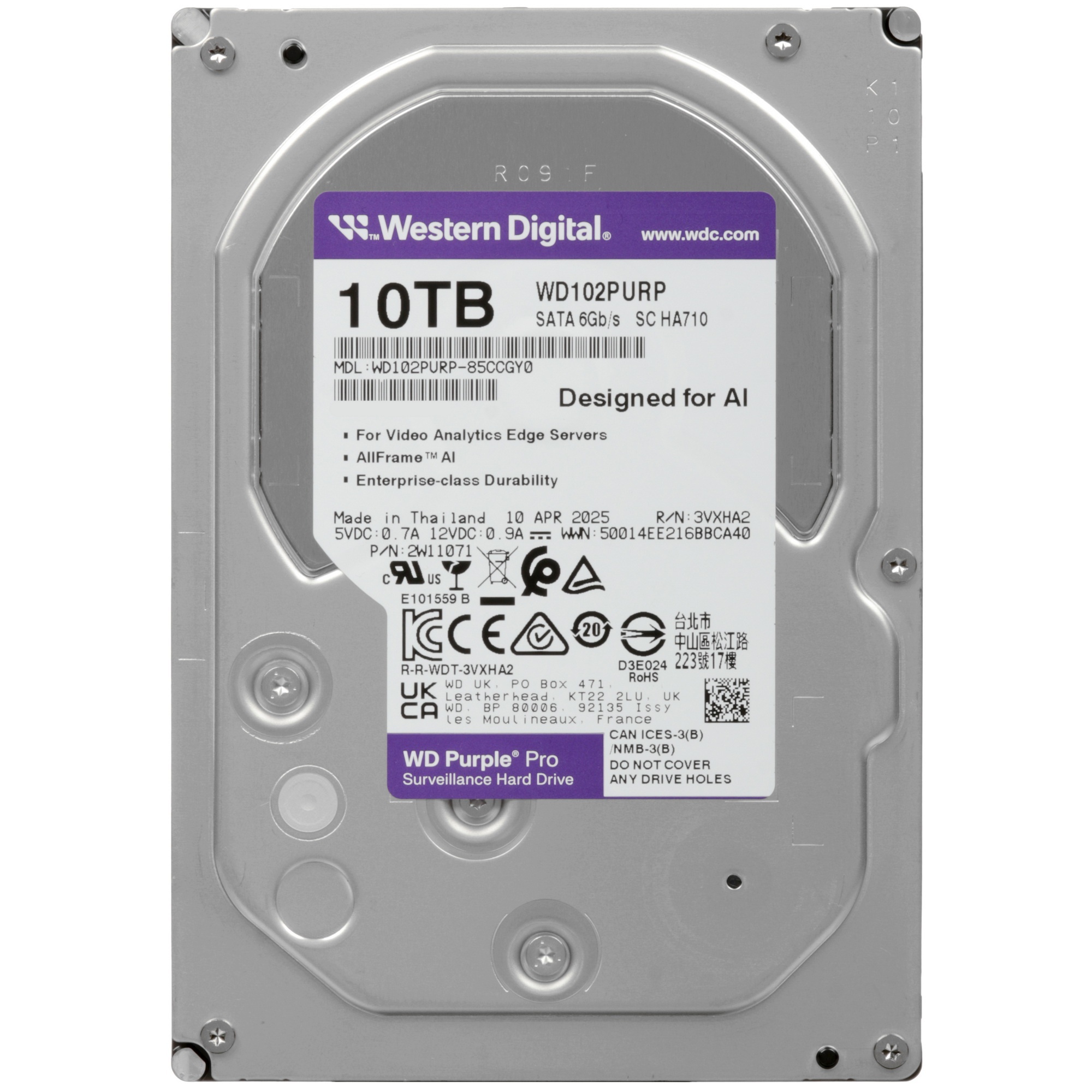 Жесткий диск Western Digital Purple Pro HDD 3.5" SATA 10Tb, 7200 rpm, 512MB buffer (DV&NVR + AI), WD