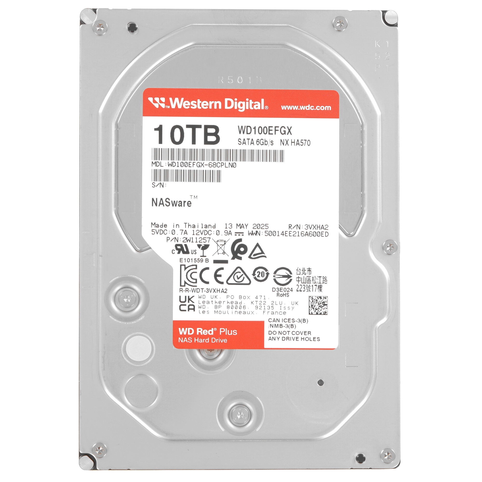 Жесткий диск Western Digital Red Plus NAS HDD 3.5" SATA 10Tb, 7200RPM, 512MB buffer, WD100EFGX, 1 ye