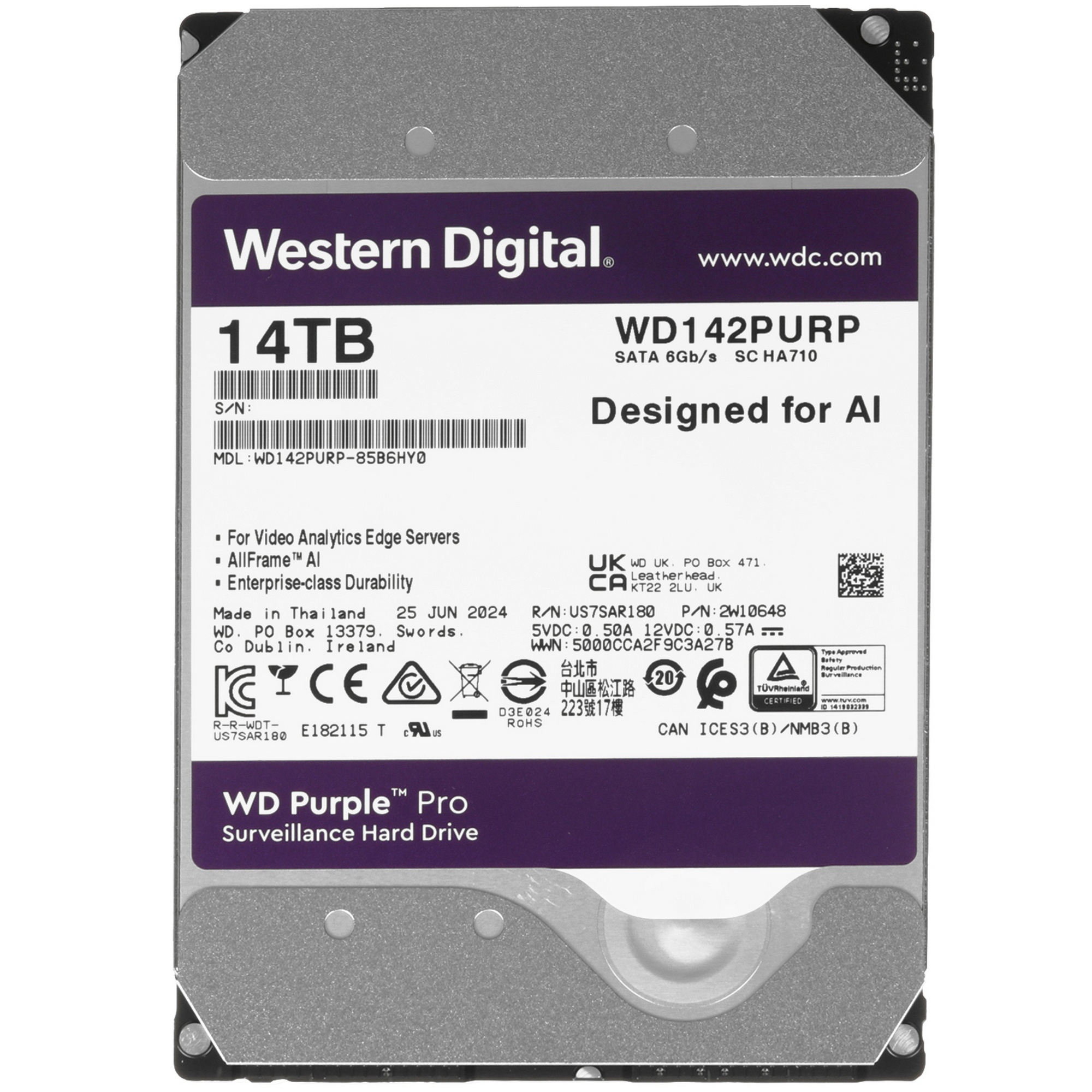Жесткий диск Western Digital Purple Pro 14TB (WD142PURP) {Serial ATA III, 7200- rpm, 512Mb, 3.5", Al