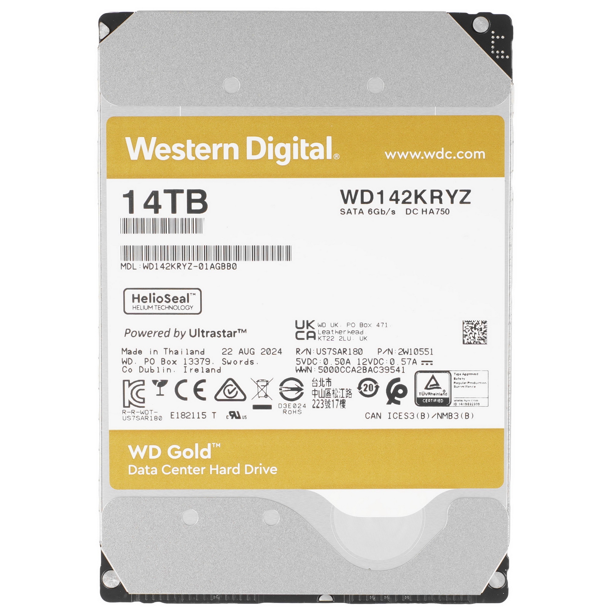 Жесткий диск Western Digital 3.5"; 14TB WD142KRYZ Gold SATA3, Cache 256MB, 7200 rpm