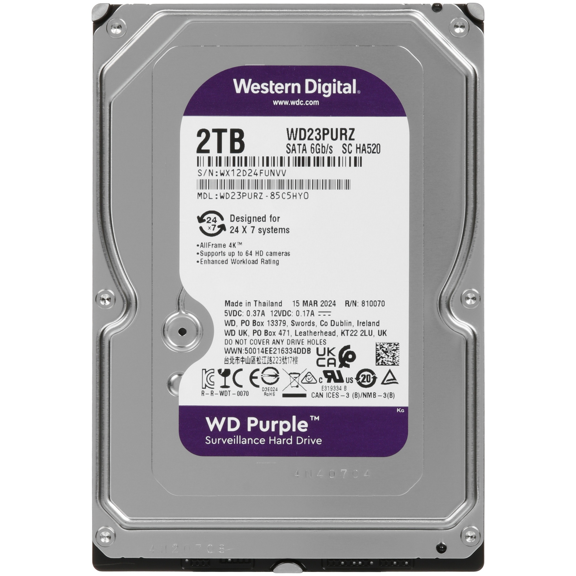 Жесткий диск Western Digital 2TB SATA-III Surveillance Purple (5400rpm) 64Mb 3.5"