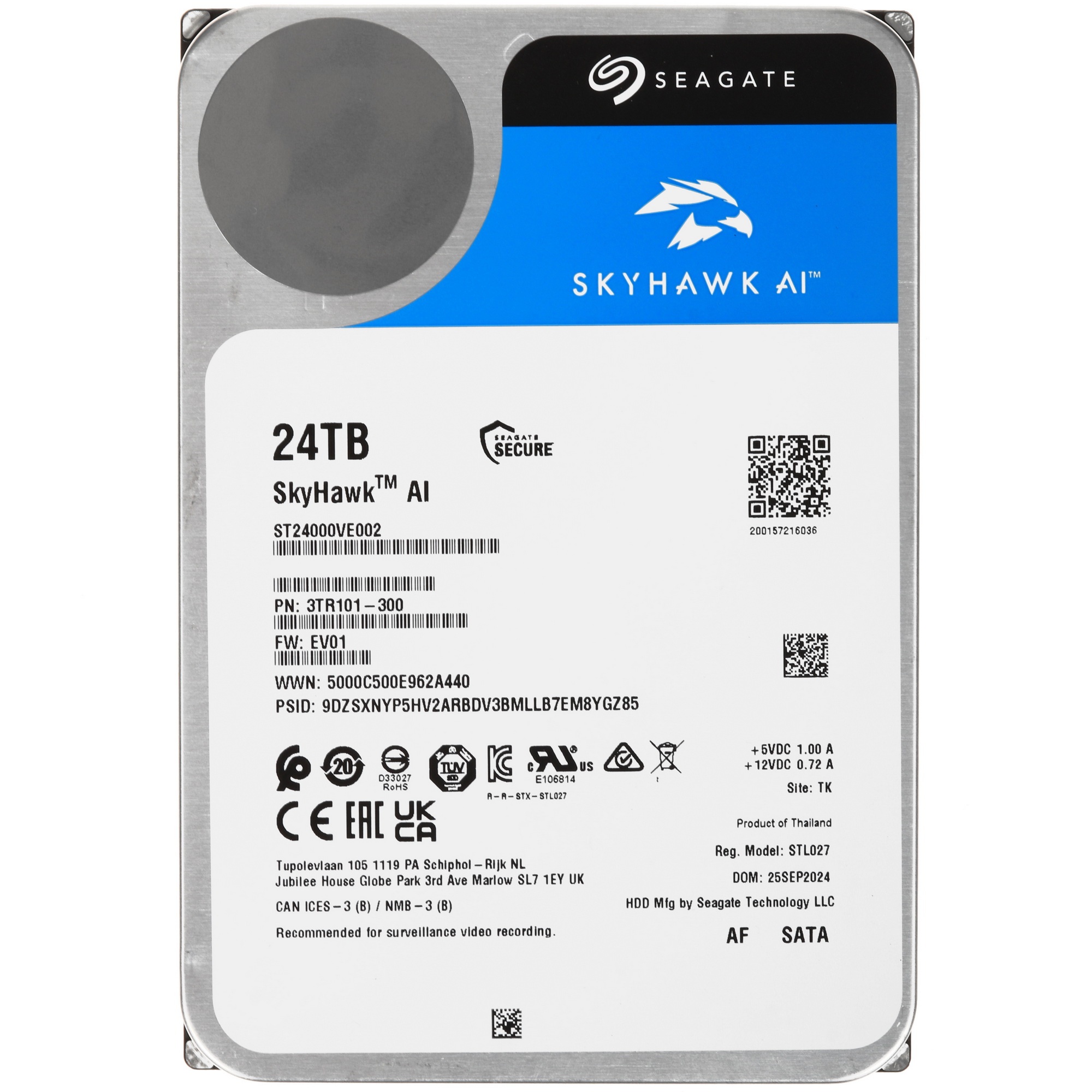 Жесткий диск Seagate SATA-III 24TB ST24000VE002 SkyHawkAI 512E (7200rpm) 512Mb 3.5"