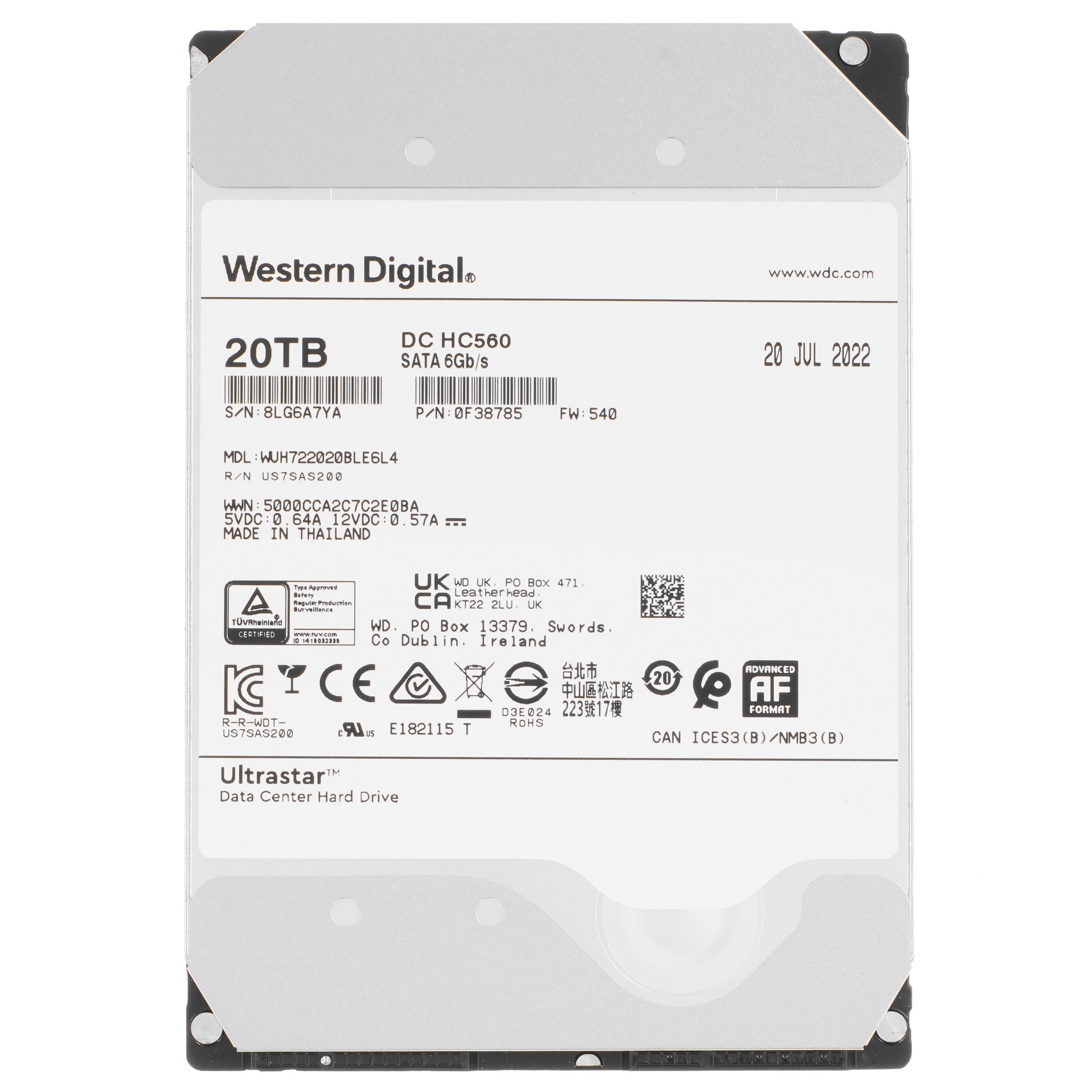 Жесткий диск Western Digital HDD  SATA 20Tb Ultrastar DC HC560 0F38785 7200 6Gb/s 512Mb 1 year ocs (