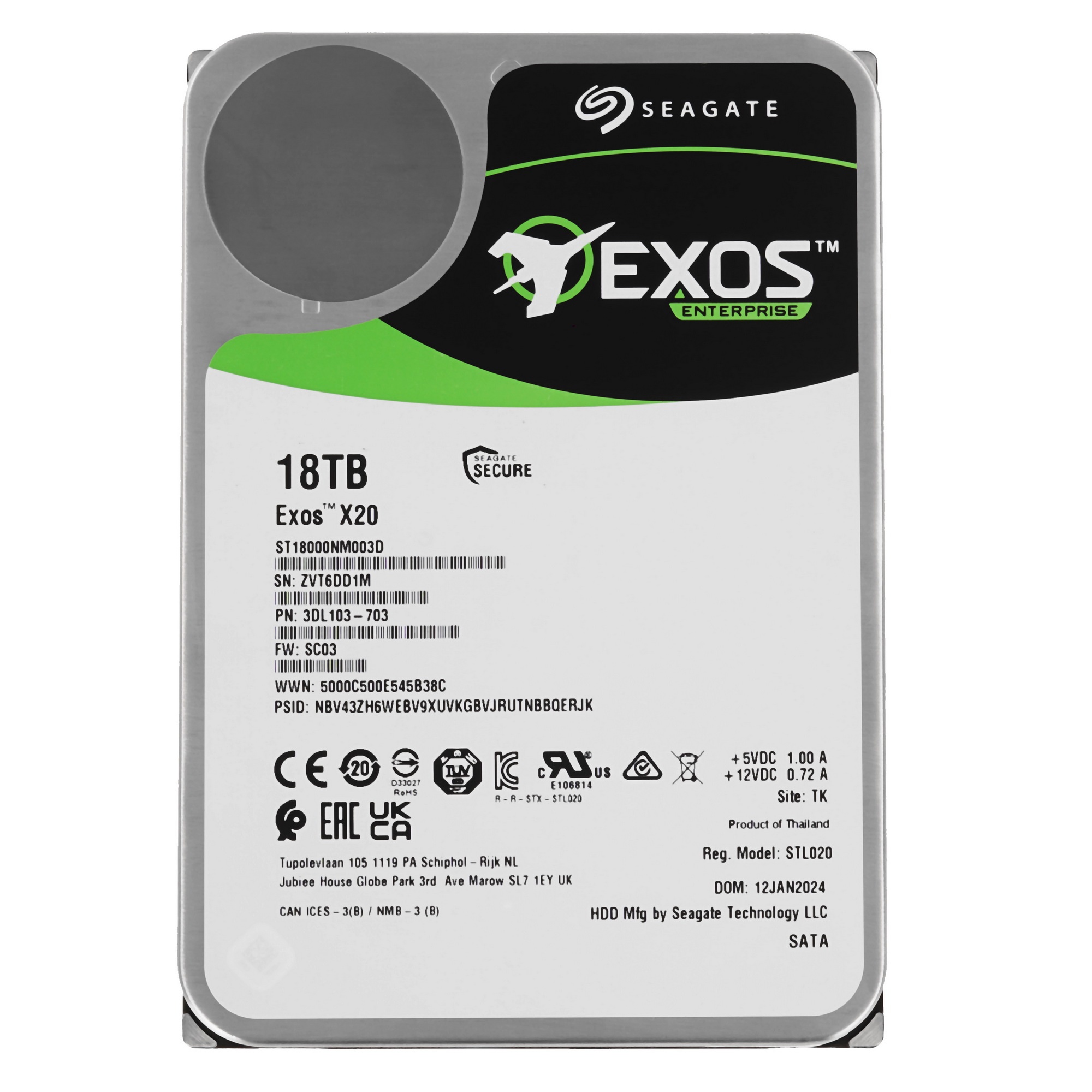 Жесткий диск Seagate 3.5"; 18TB  Exos X20 ST18000NM003D SATA 6Gb/s, 7200rpm, 256MB