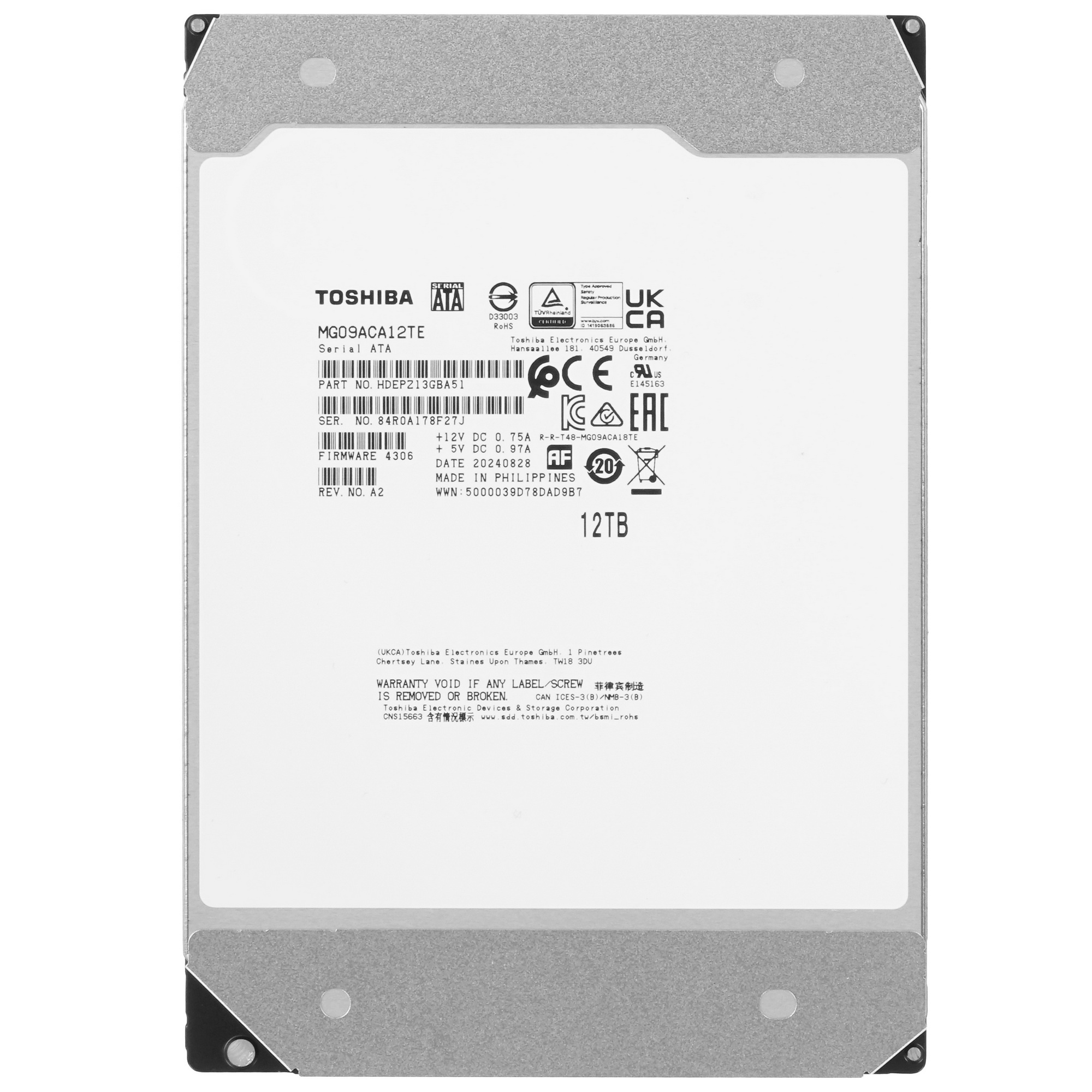 Жесткий диск Toshiba HDD  SATA 12Tb 3.5" Server 7200 6Gbit/s 512Mb 1 year warranty (replacement MG07