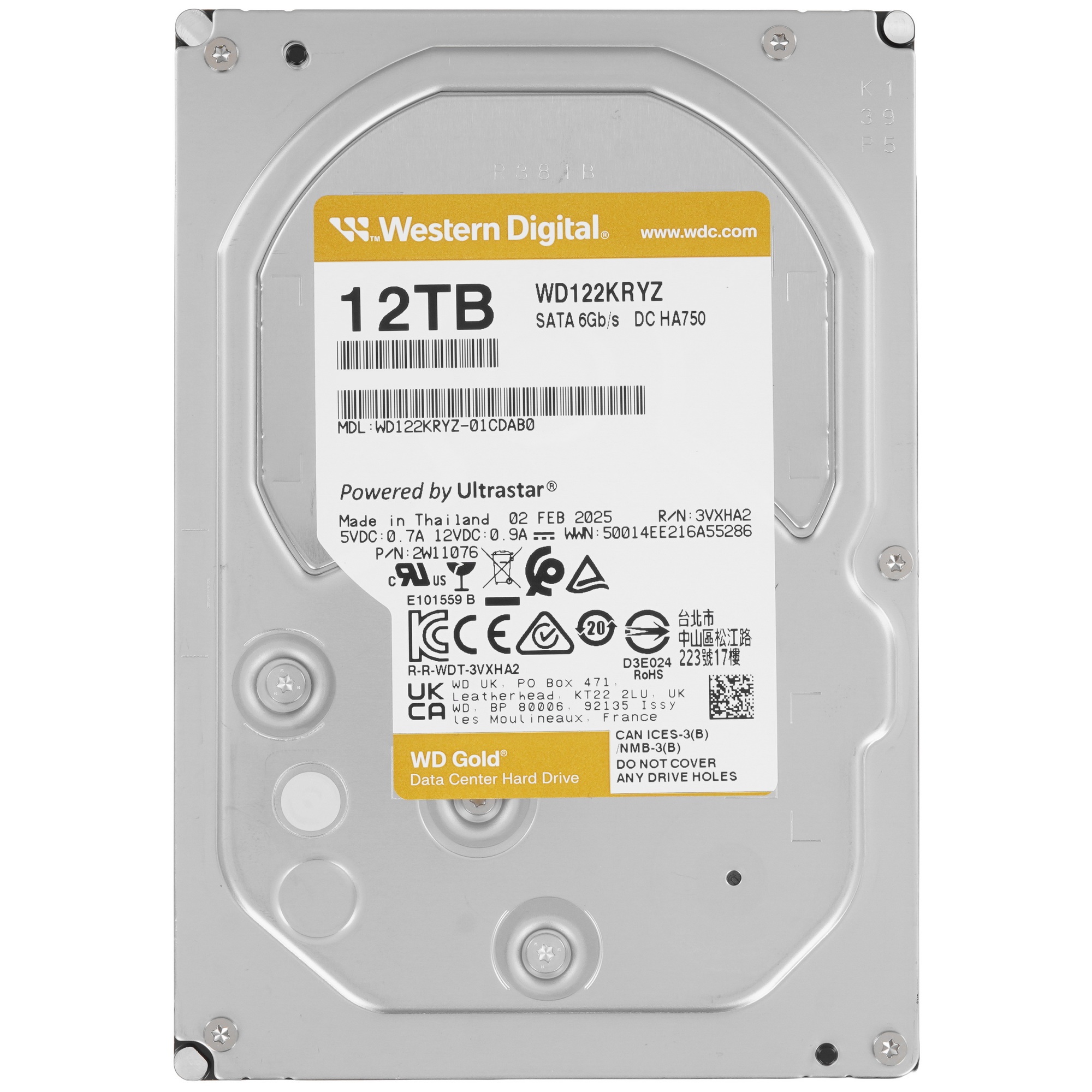 Жесткий диск Western Digital 12TB WD122KRYZ Gold, SATA3, Cache 512MB, 7200 rpm