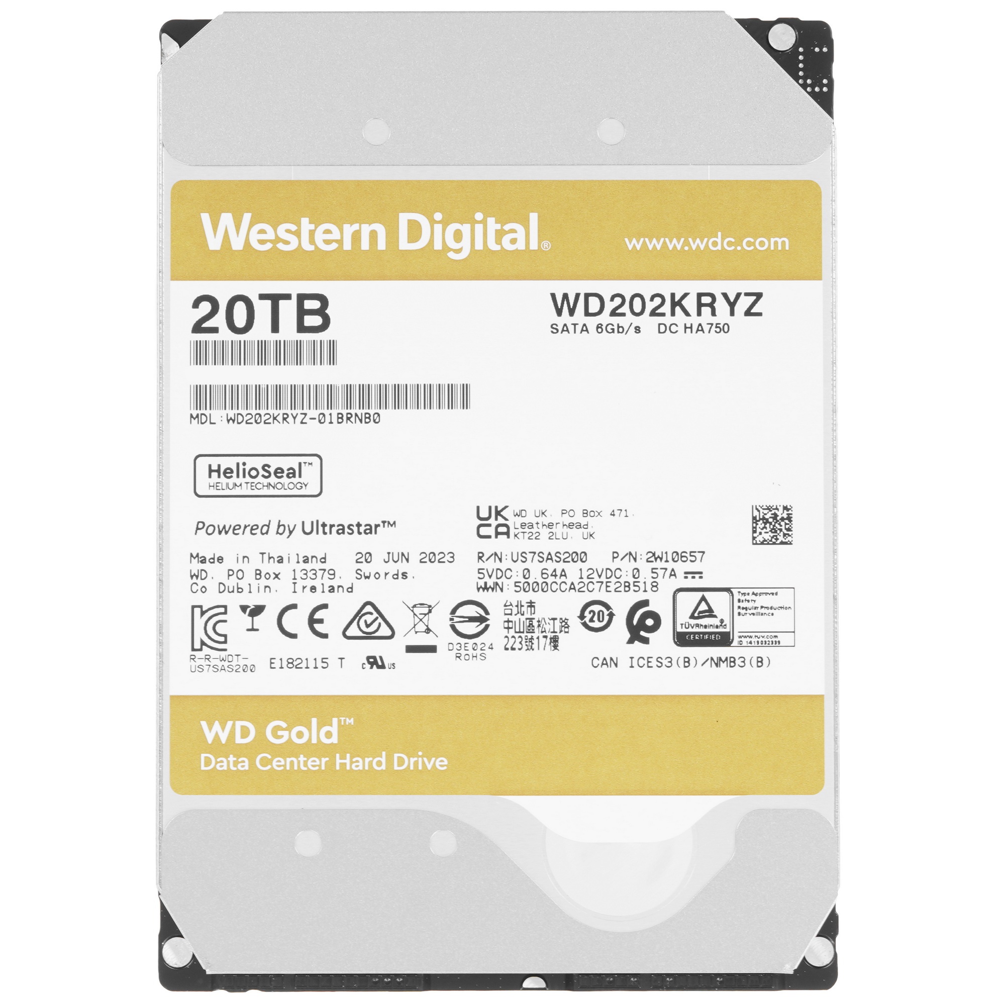 Жесткий диск Western Digital 3.5"; 20TB WD202KRYZ Gold SATA3, Cache 291MB, 7200 rpm