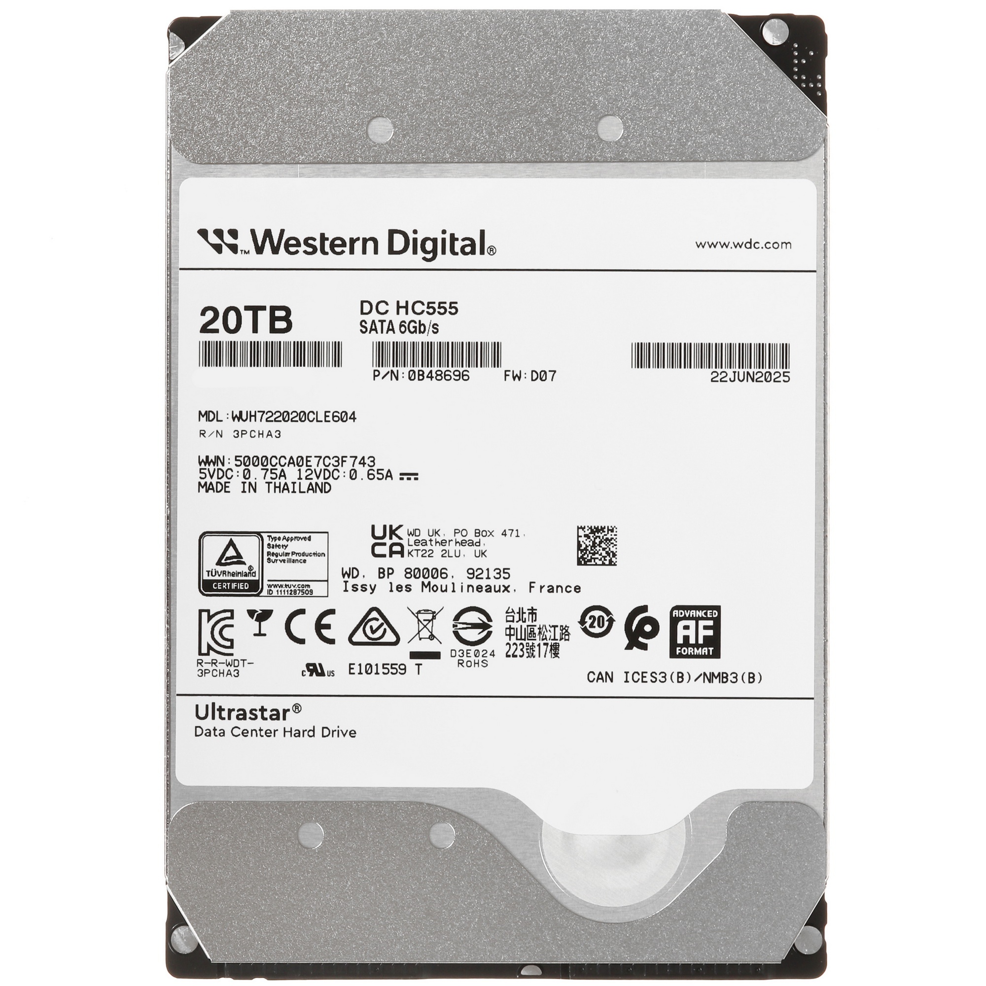Жесткий диск Western Digital SATA 20TB 7200RPM 6GB/S 512MB DC HC555 WUH722020CLE604_0B48696
