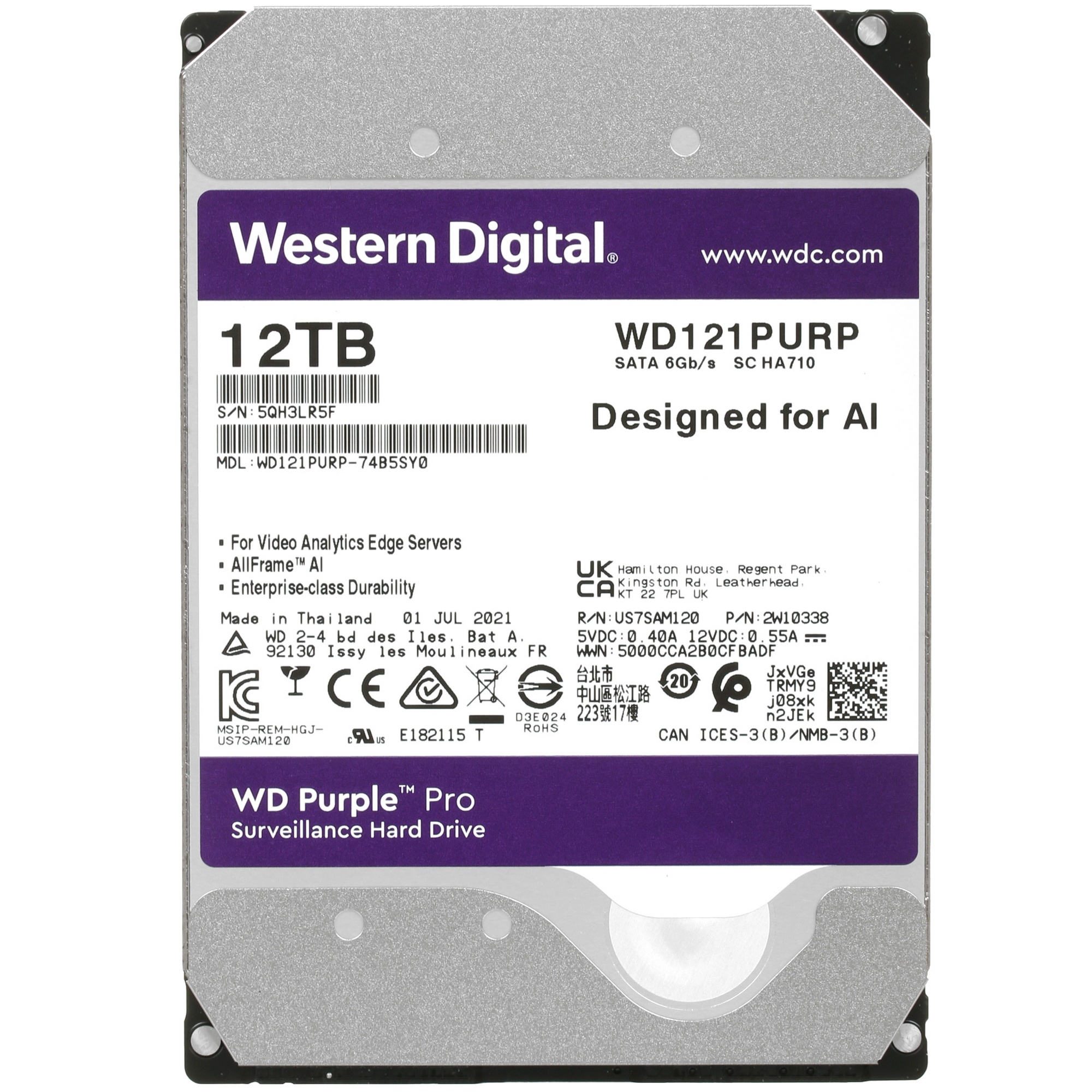 Жесткий диск Western Digital Original SATA-III 12Tb WD121PURP Video Purple Pro (7200rpm) 256Mb 3.5"