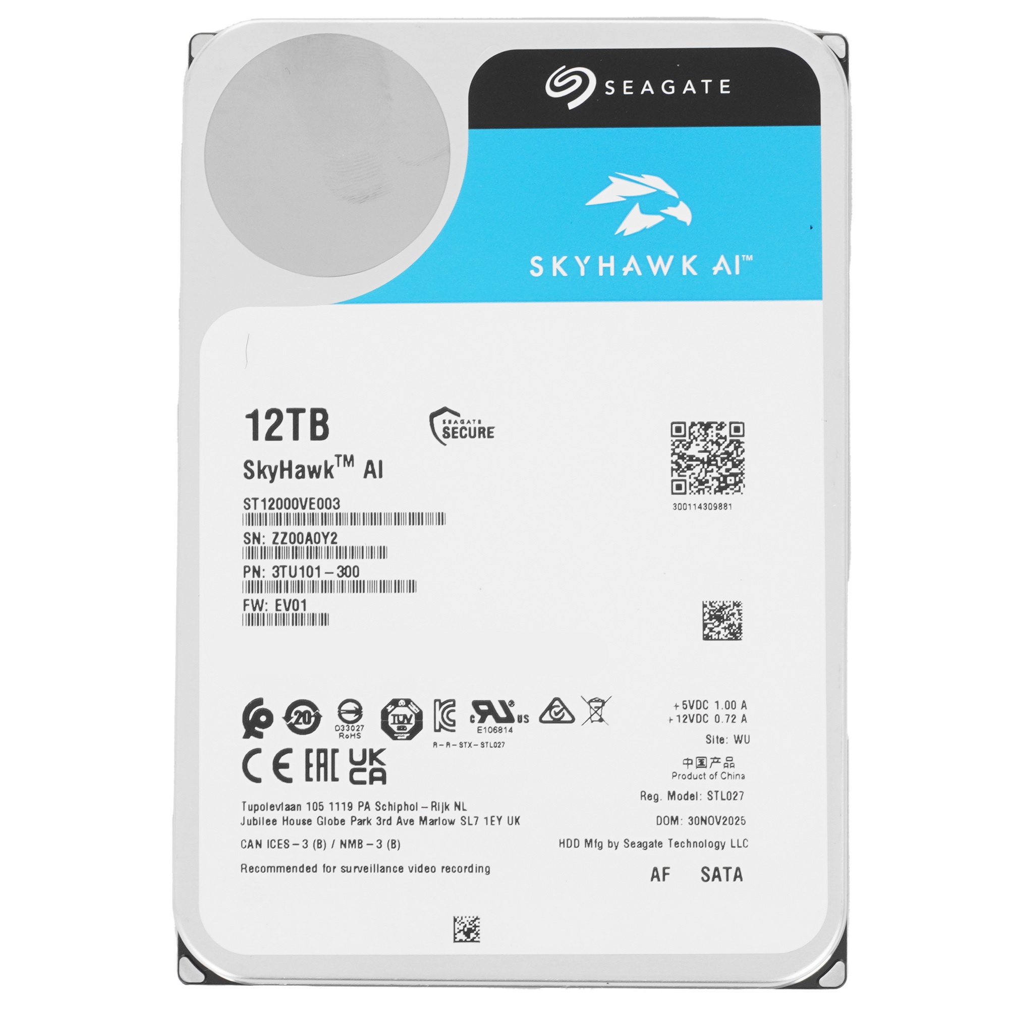 Жесткий диск Seagate SkyHawk AI ST12000VE003 12TB, 3.5", 7200RPM, SATA, 512MB
